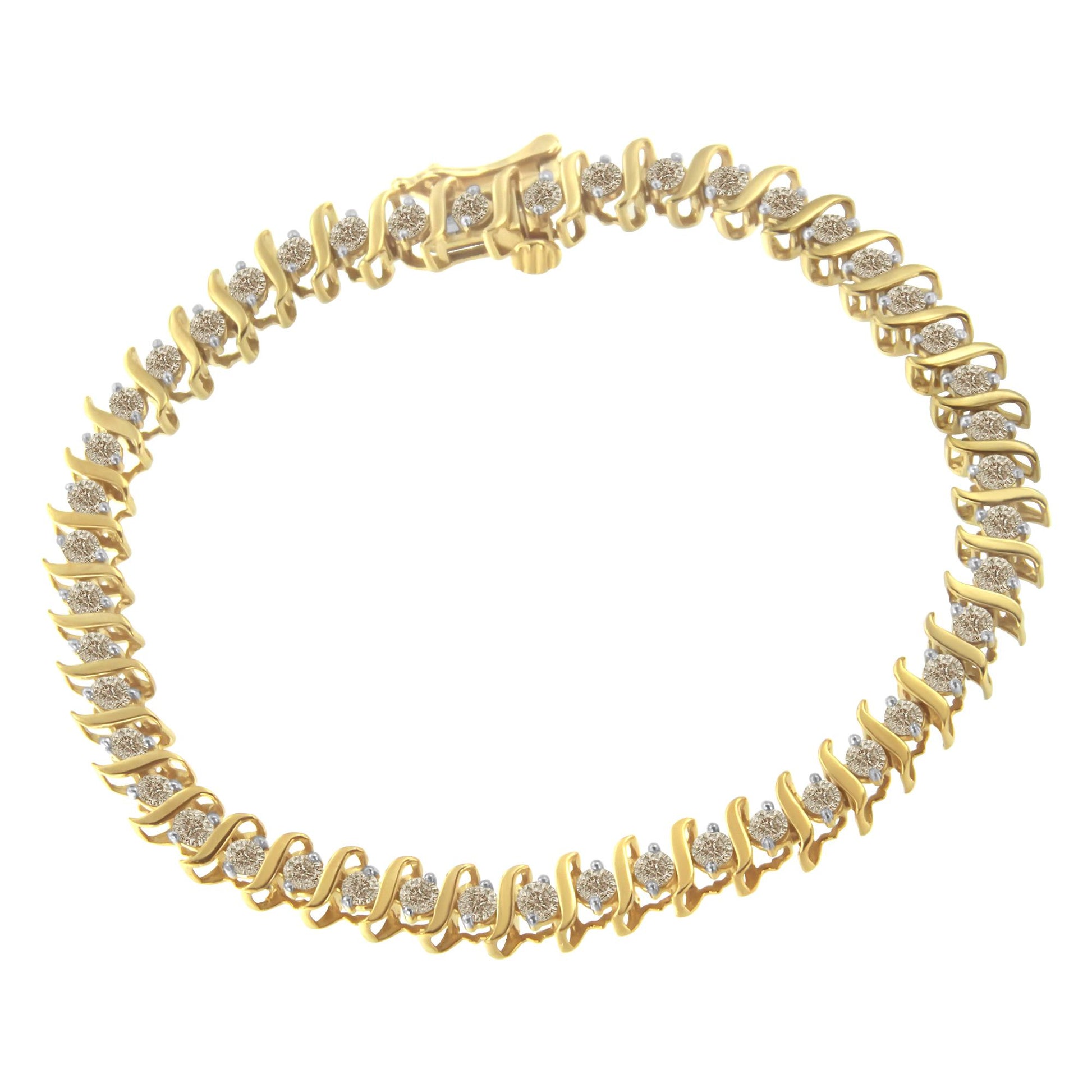 Yellow metal bracelet with round white gemstones in prong settings viewed from above.