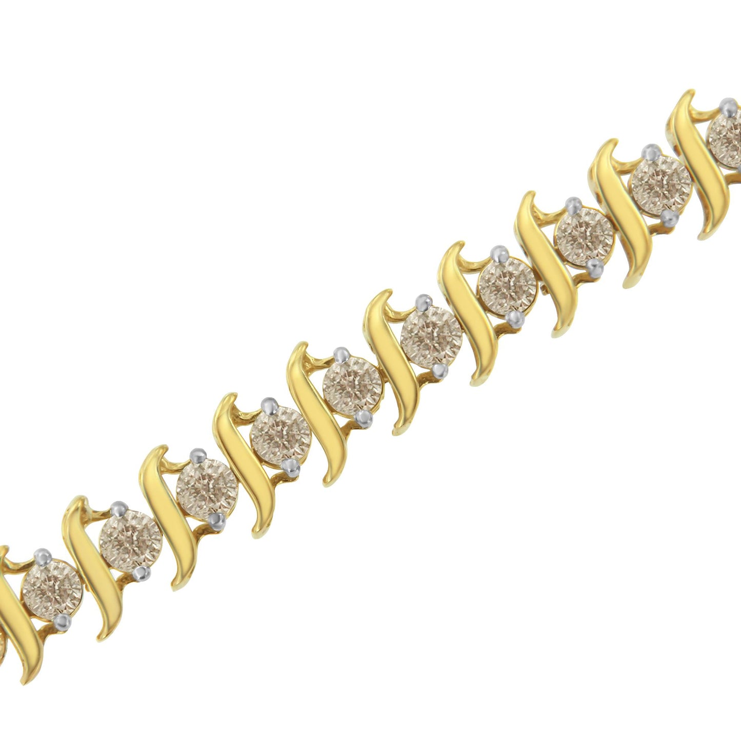 Close-up angled shot of a yellow metal bracelet featuring round white gemstones in prong settings arranged in a repeating pattern.