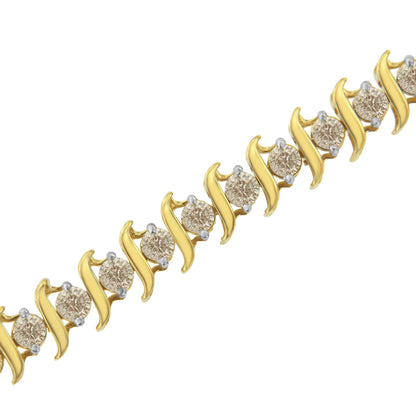 Close-up angled shot of a yellow metal bracelet featuring round white gemstones in prong settings arranged in a repeating pattern.