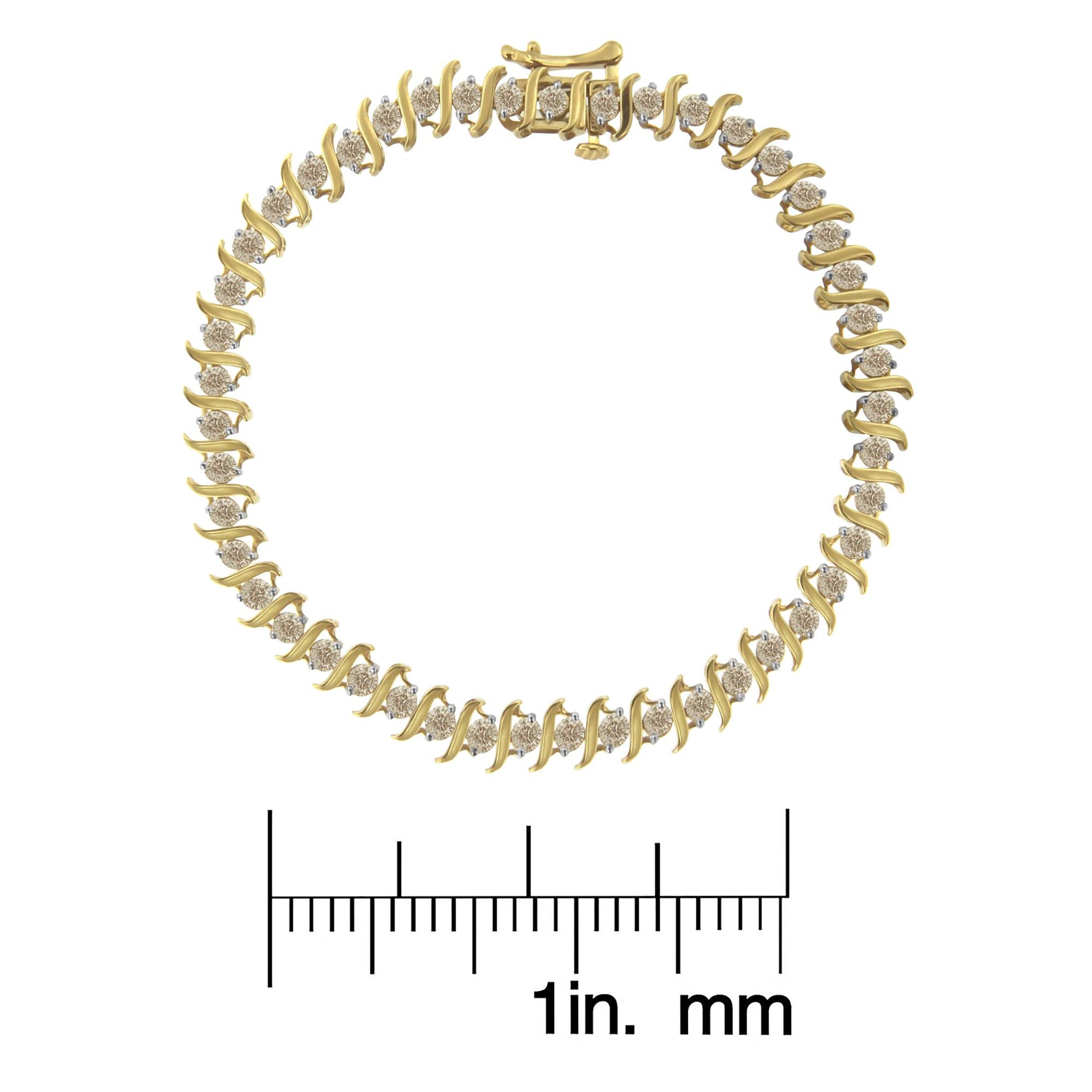 Top-down view of a yellow metal bracelet with round white gemstones in prong settings, displayed on a ruler for size reference.