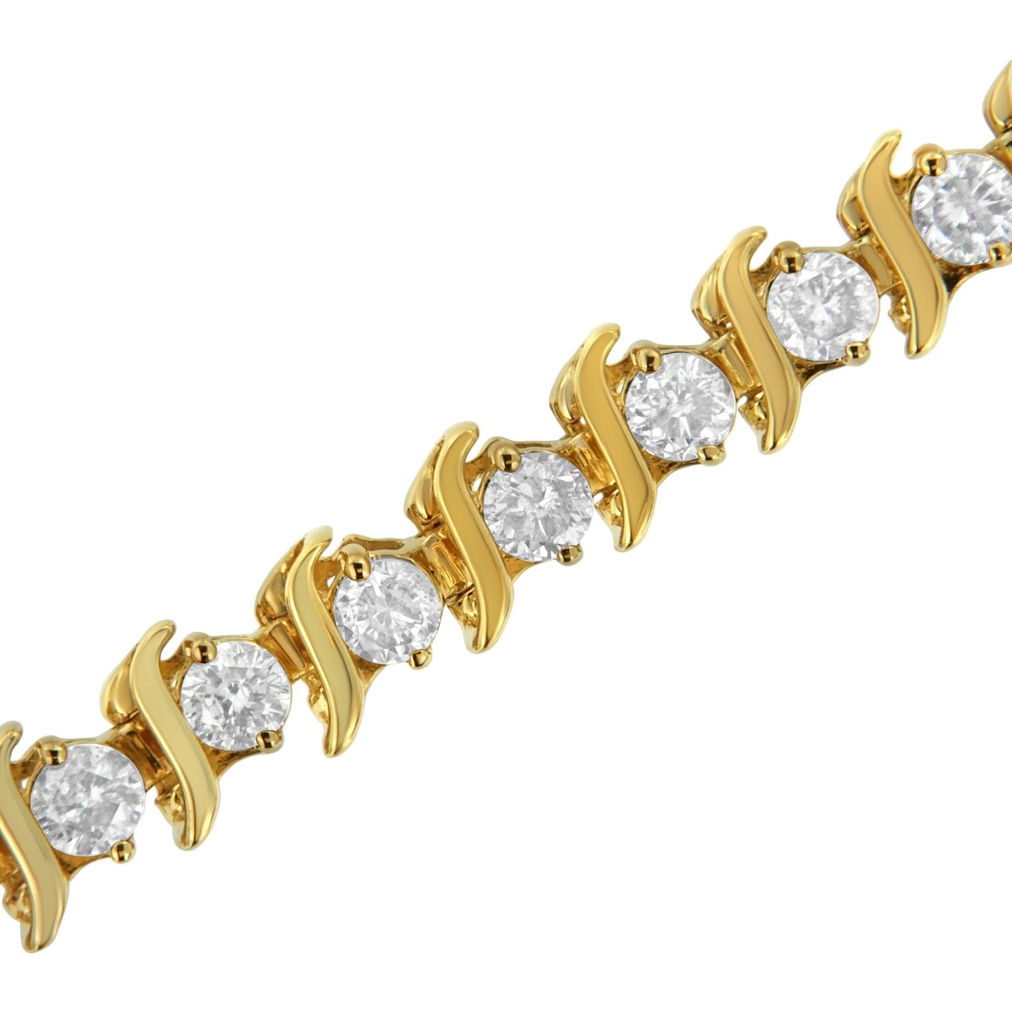 Close-up angled shot of a yellow metal bracelet featuring round prong-set white gemstones with brownish tint accents in an alternating curved design.