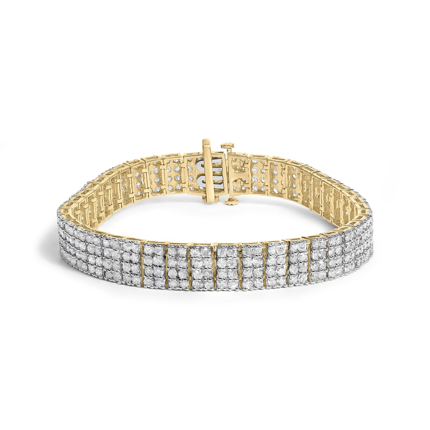 Close-up front angle of a yellow metal bracelet with multiple rows of small white gemstones set in a shared prong setting, showing the clasp open.