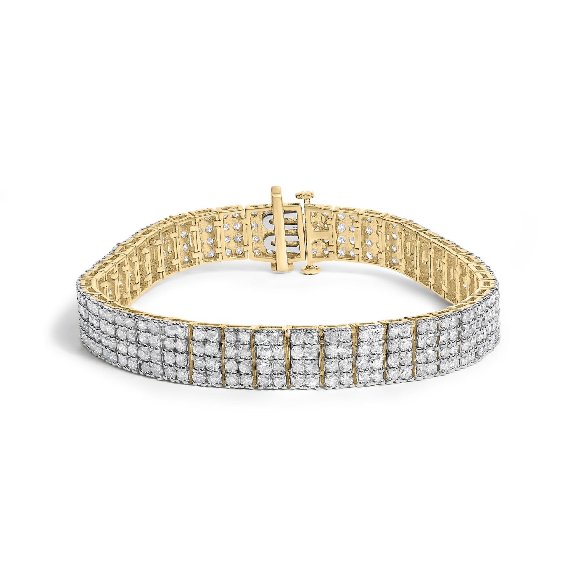 Close-up front angle of a yellow metal bracelet with multiple rows of small white gemstones set in a shared prong setting, showing the clasp open.