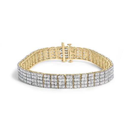 Close-up front angle of a yellow metal bracelet with multiple rows of small white gemstones set in a shared prong setting, showing the clasp open.