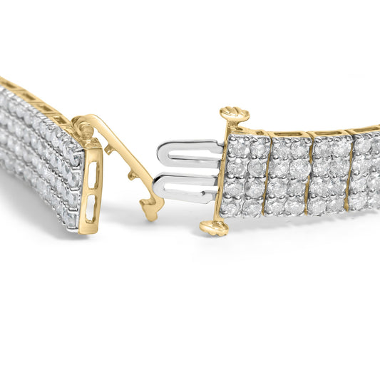 Close-up angled view of a yellow bracelet with multiple rows of square sections, each set with small round white gemstones in a shared prong setting, showing the clasp mechanism.