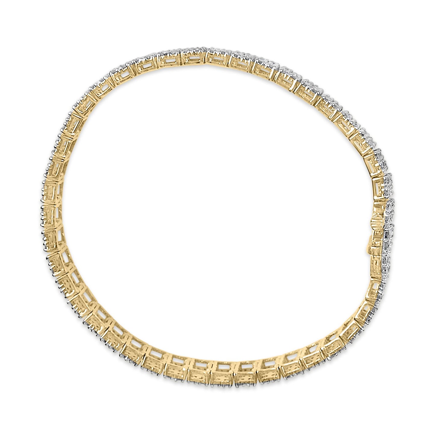 Close-up top angled view of a yellow bracelet with round white gemstones in shared prong settings along the edge.