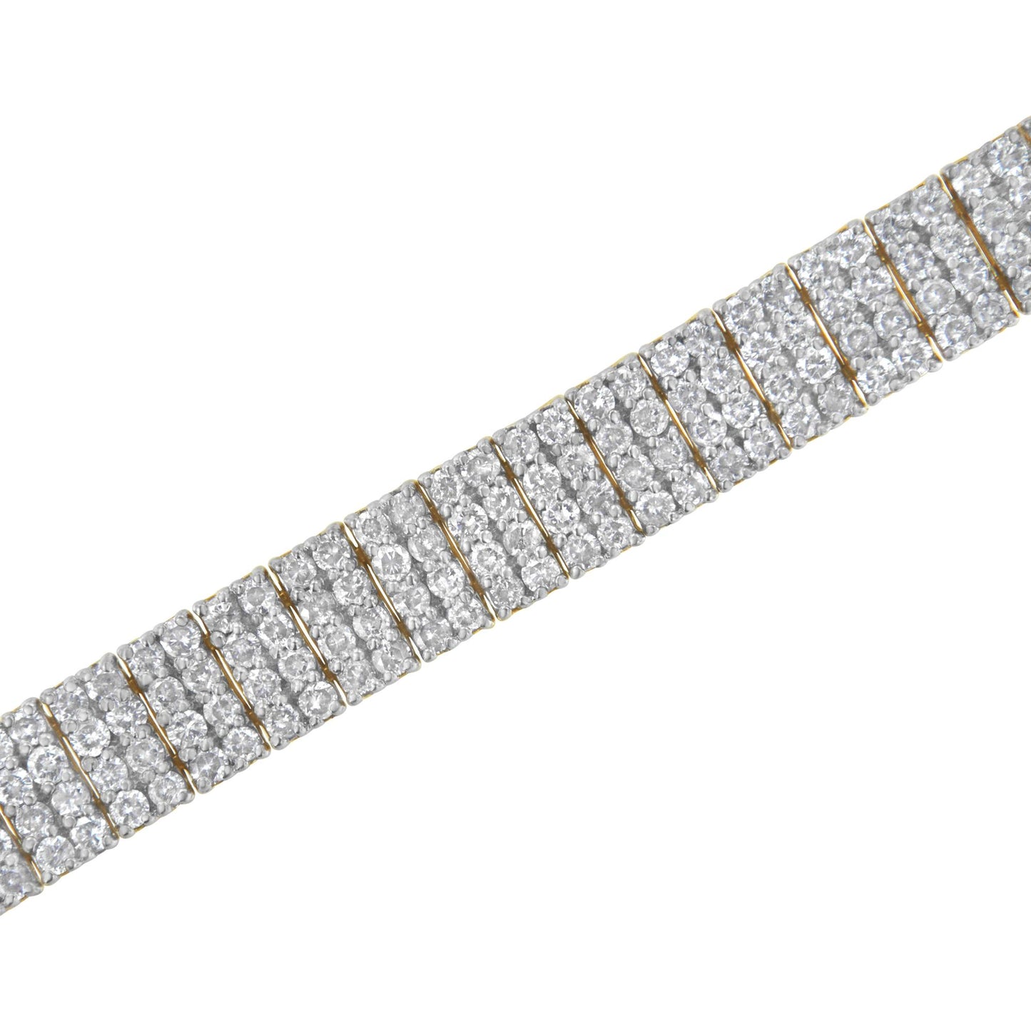 Close-up angled view of a yellow metal bracelet featuring multiple rows of small white round gemstones in a shared prong setting.