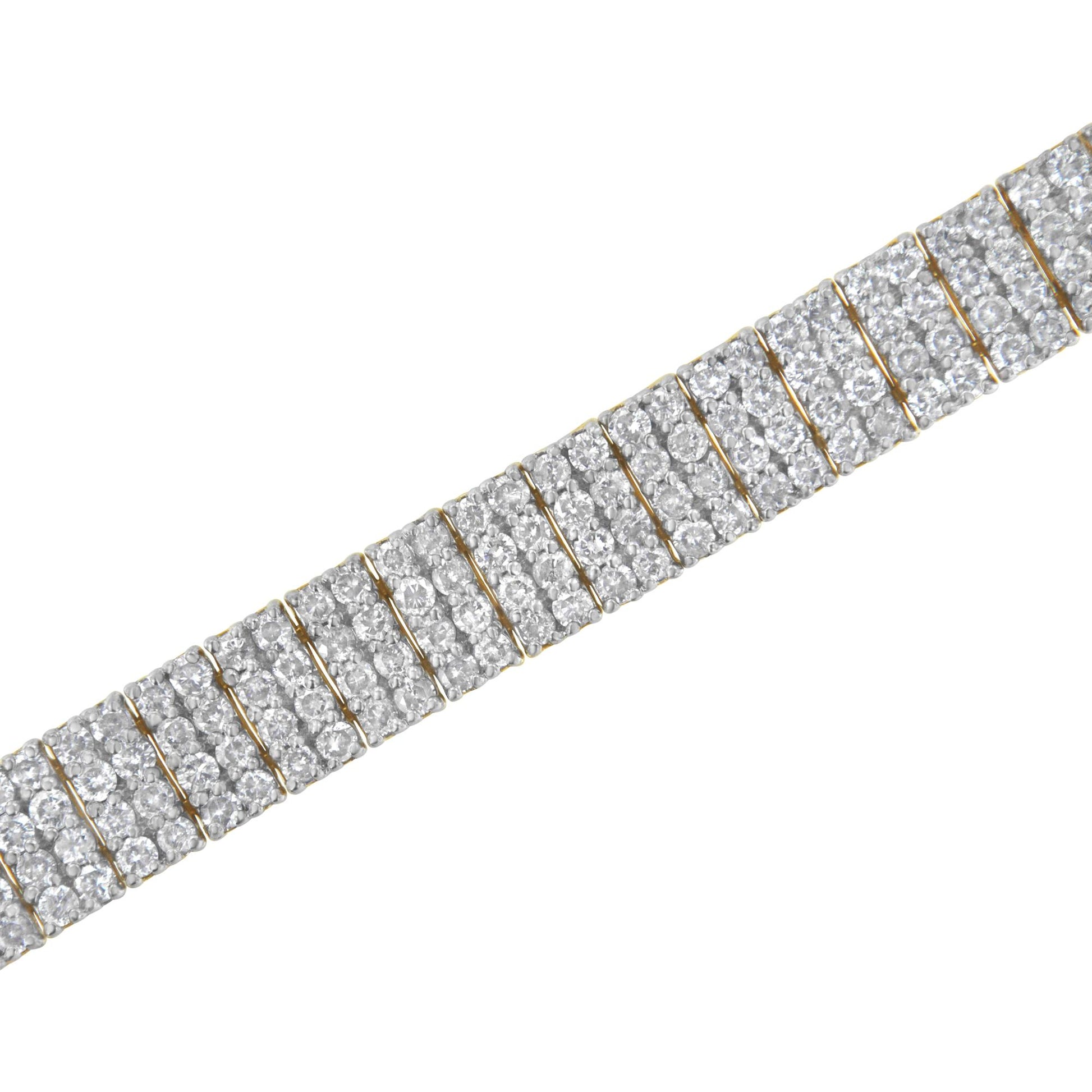 Close-up angled view of a yellow metal bracelet featuring multiple rows of small white round gemstones in a shared prong setting.