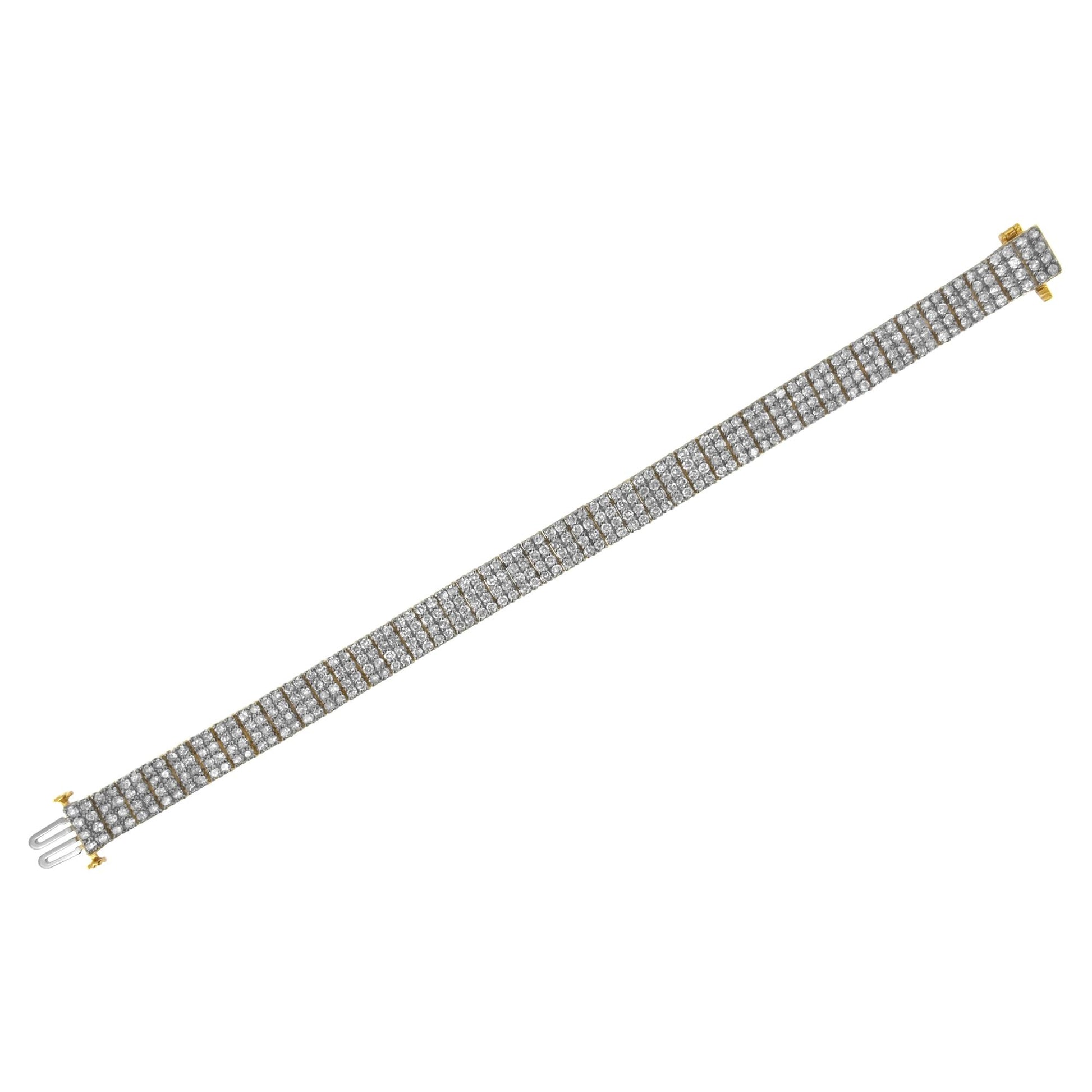 Diagonal close-up view of a yellow bracelet with multiple rows of round white gemstones in a shared prong setting, shown on a white background.