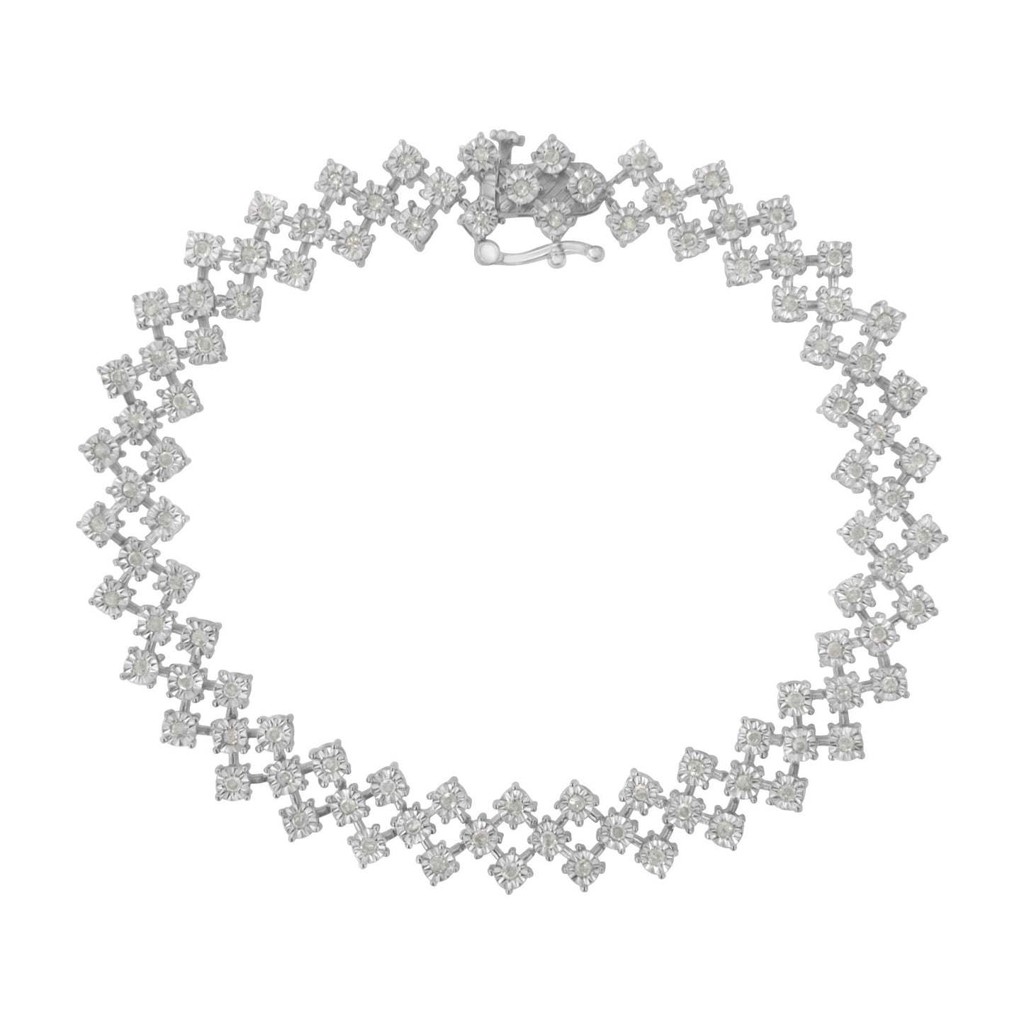 Top-down view of a white metal bracelet with round white gemstones set in a miracle setting forming a geometric pattern.