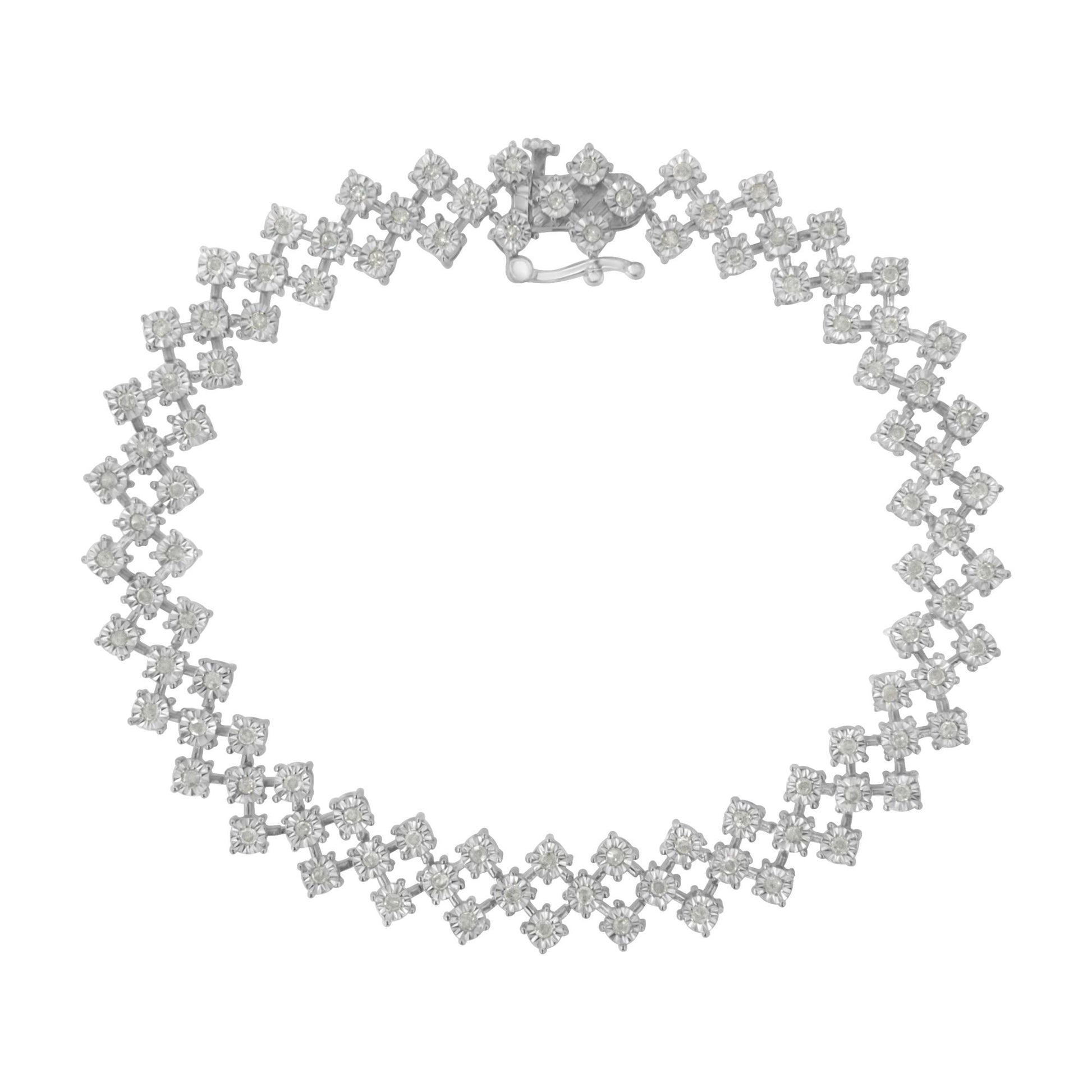 Top-down view of a white metal bracelet with round white gemstones set in a miracle setting forming a geometric pattern.