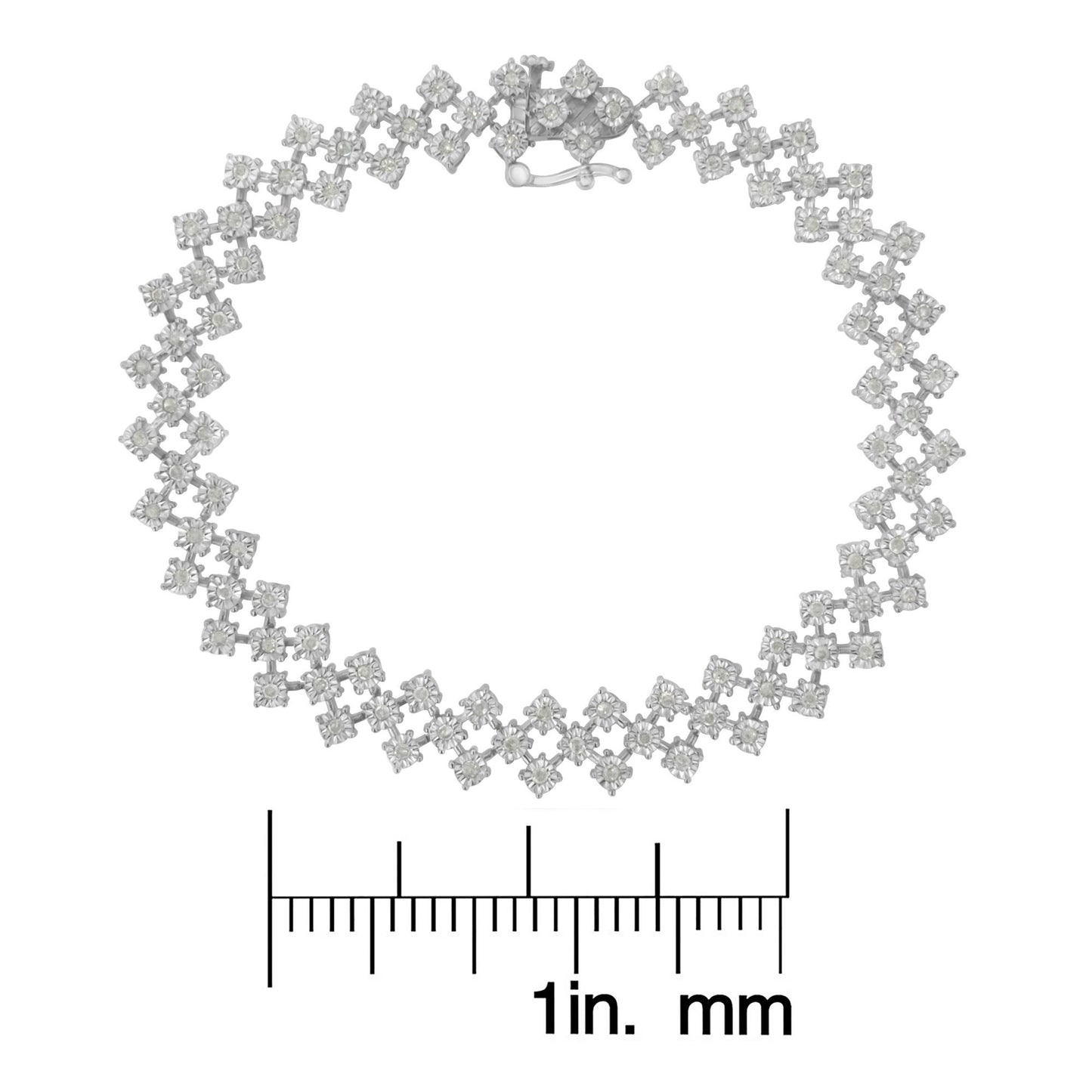 Top-down view of a white metal bracelet with round white gemstones in a miracle setting, placed above a ruler for size reference.