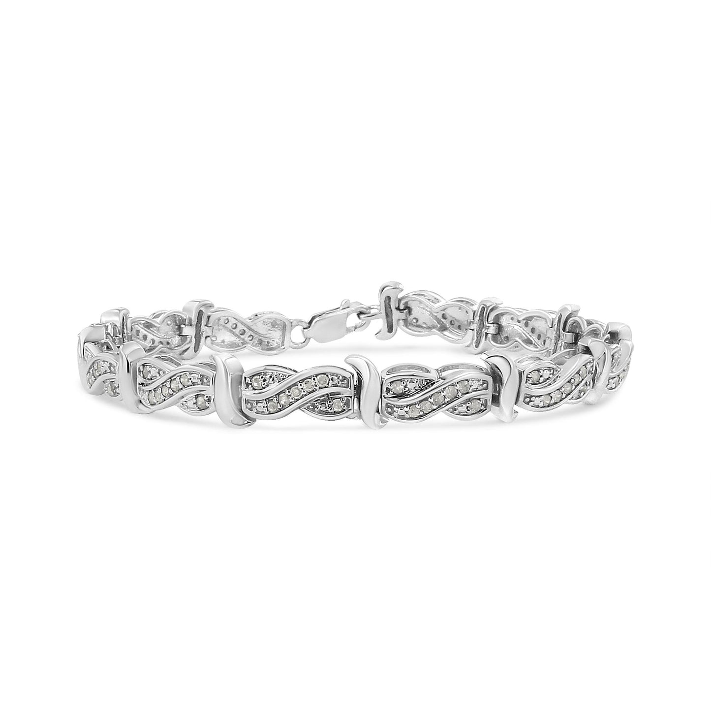 White metal bracelet with linked infinity-shaped segments featuring pave-set round white gemstones, shown from a front angle.