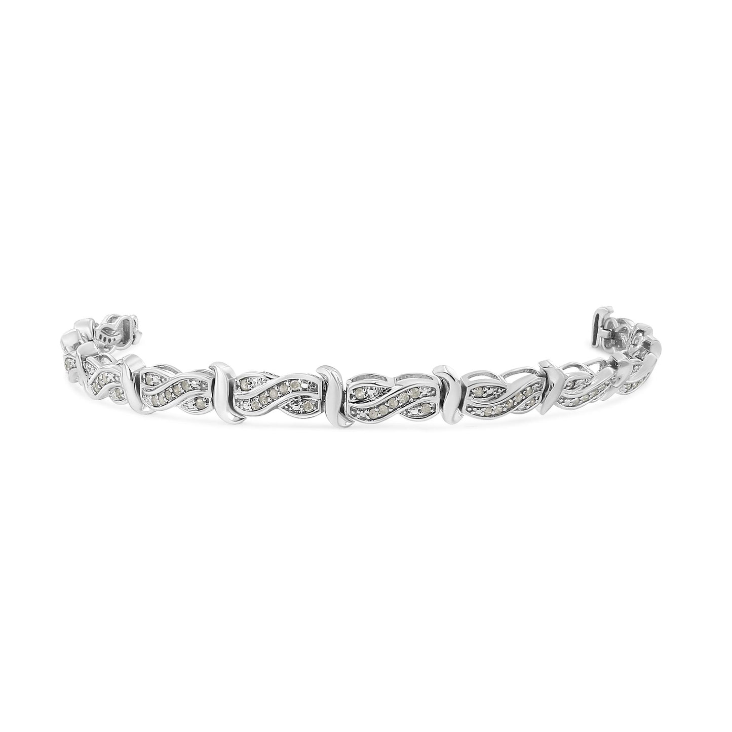 White metal bracelet with alternating twisted design segments set with round white gemstones in pave setting, shown from an angled front view.