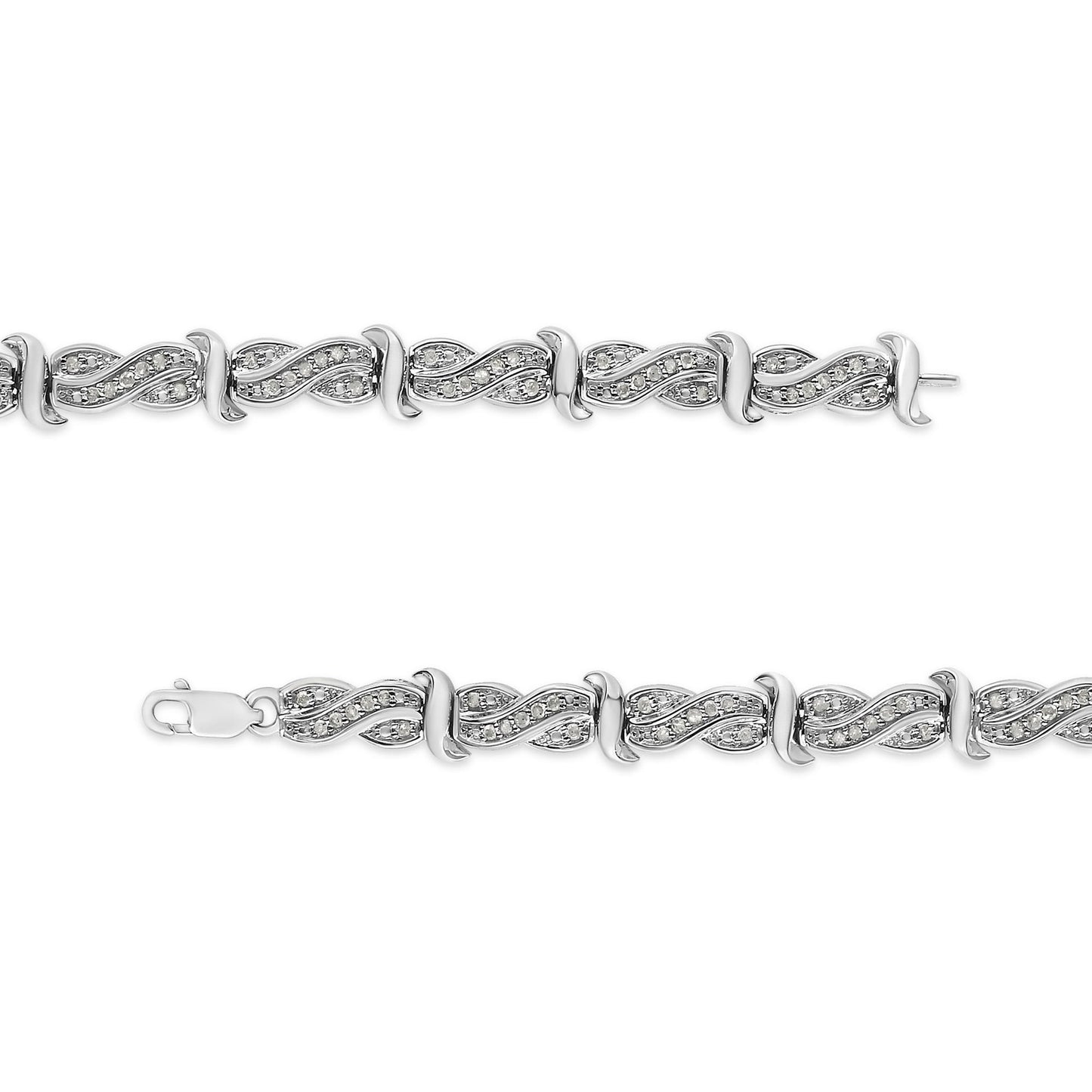 Top-down view of a white metal bracelet with interlocking wave-shaped links adorned with round white gemstones in pave setting.