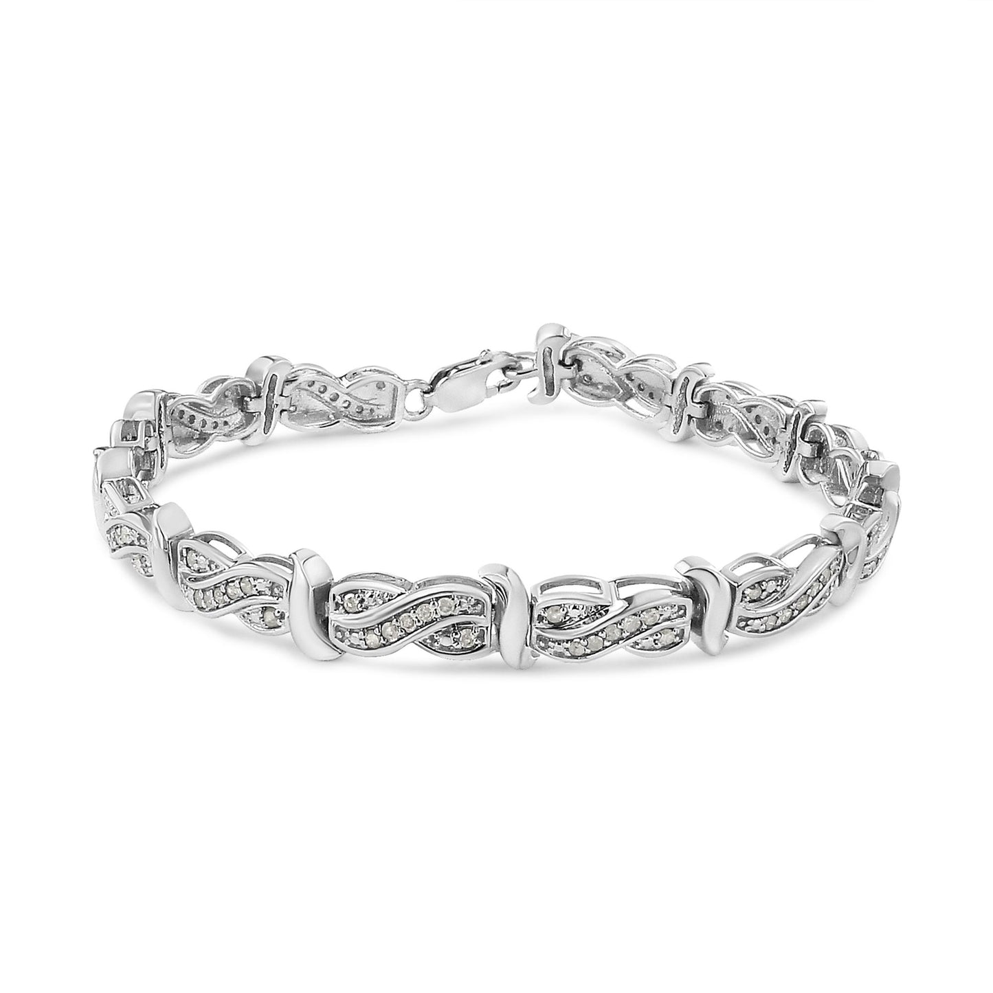 White metal bracelet with intertwined links featuring pave-set round white gemstones, shown from a front angle on a white background.