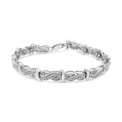 White metal bracelet with intertwined links featuring pave-set round white gemstones, shown from a front angle on a white background.
