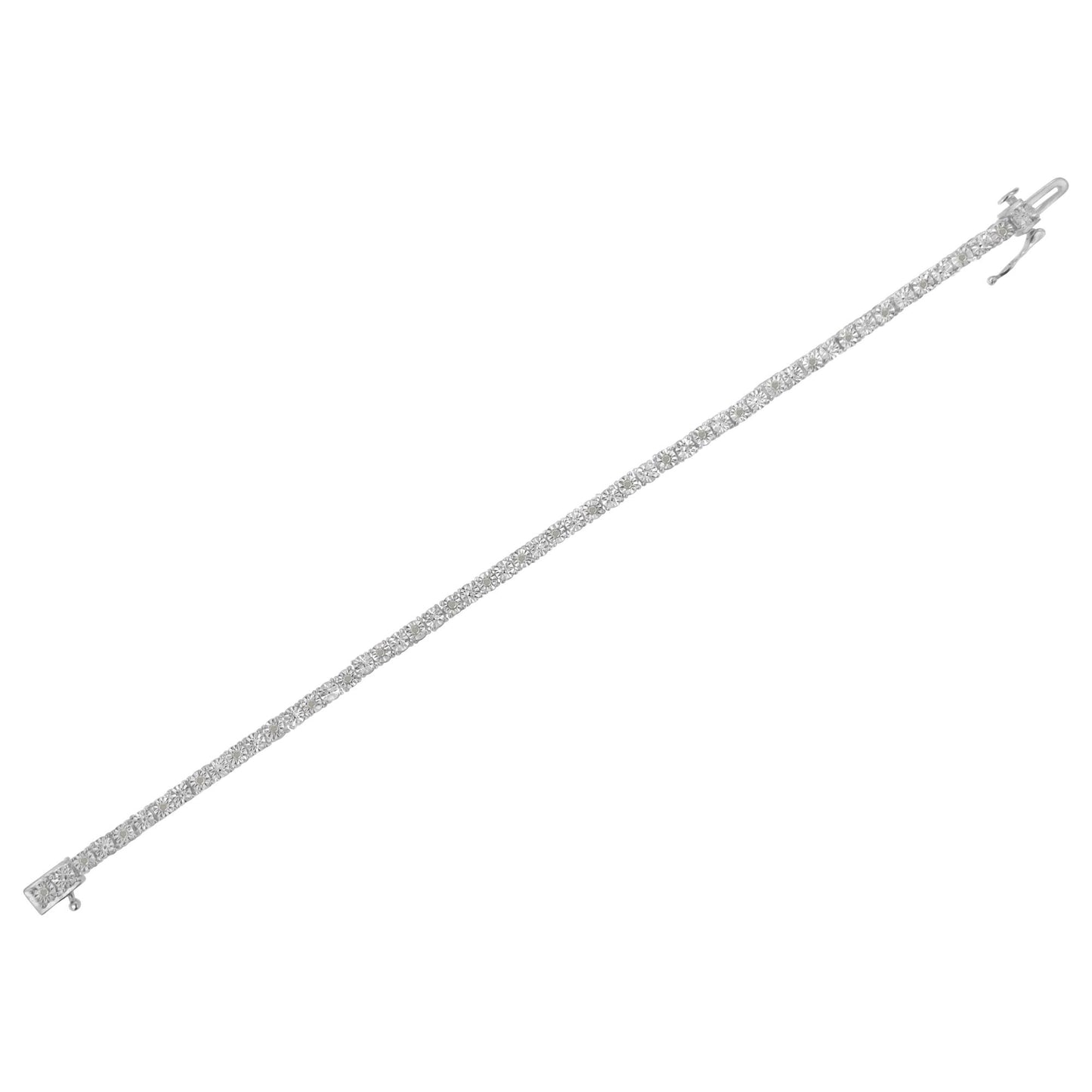 White metal bracelet with round white gemstones in prong settings, shown in a top diagonal view.