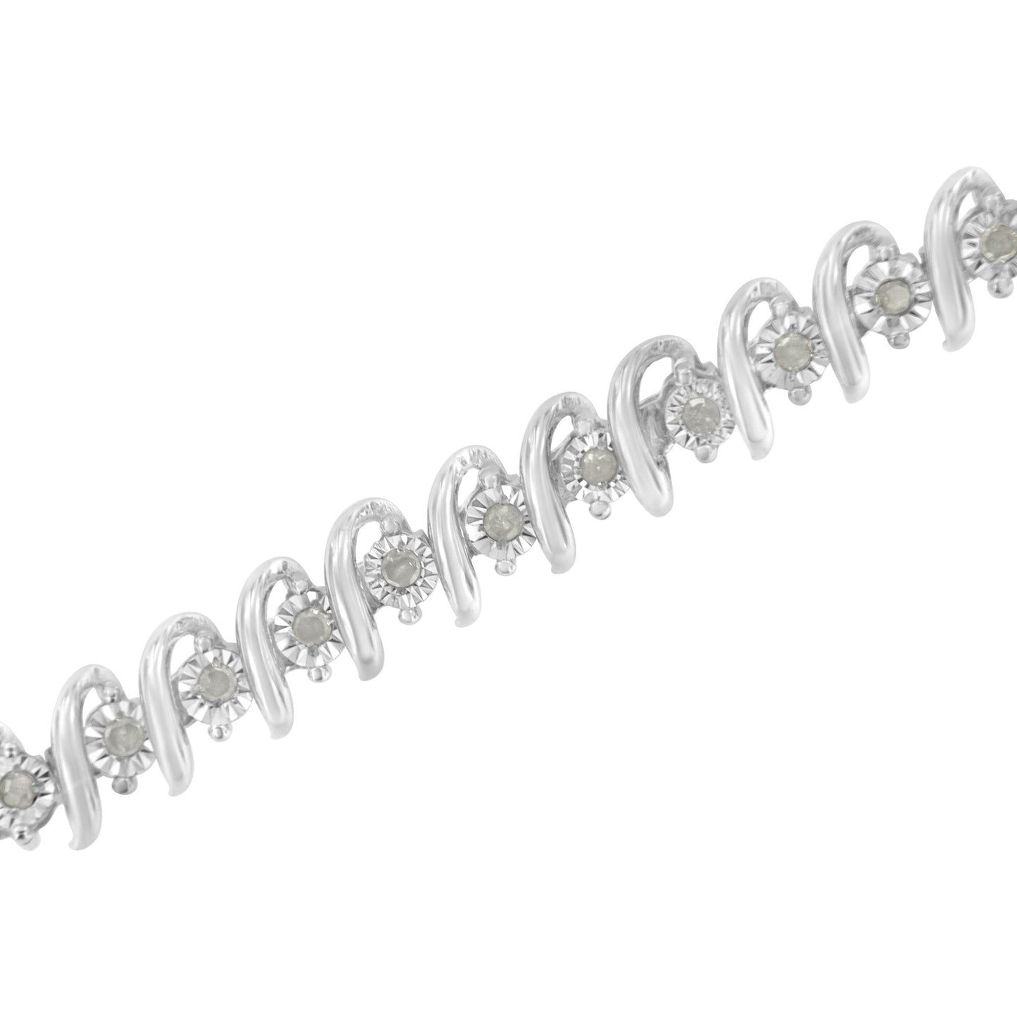 White metal bracelet with alternating round white gemstones and curved metal designs, shown in a close-up angled view.