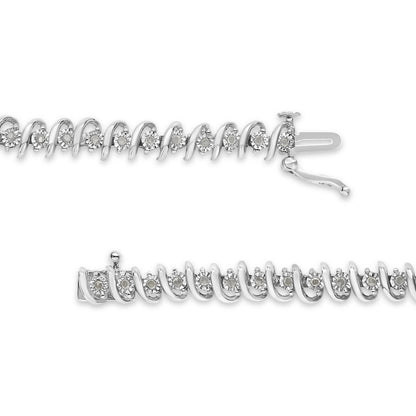 Close-up image of a white metal bracelet with round white gemstones in a miracle setting, shown from a top angle with the clasp open.