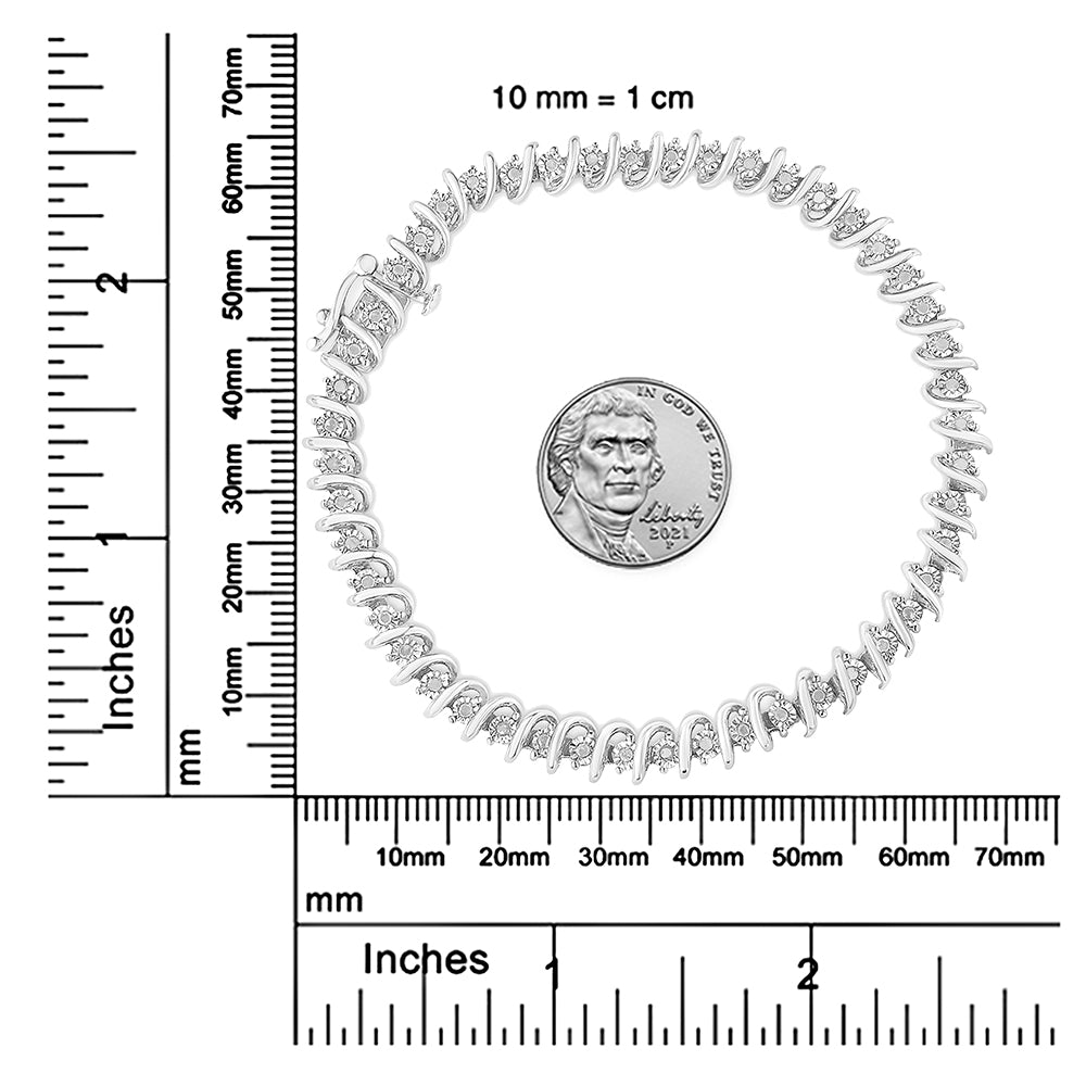 White bracelet with round white gemstones in miracle setting, displayed flat on a white background with rulers and a coin for size reference, top-down view.