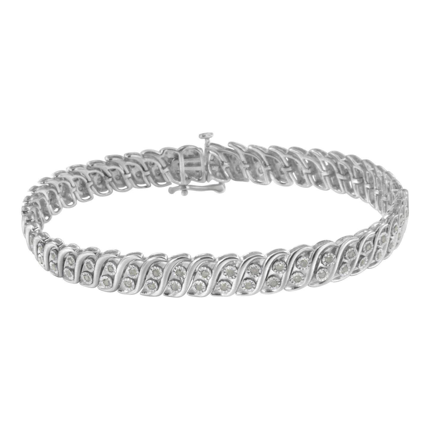 White bracelet with rows of round white gemstones in a miracle setting, shown from a front angle.