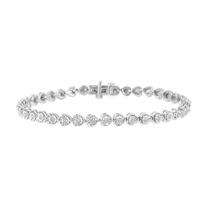Front angle view of a white metal bracelet featuring a row of heart-shaped links, each set with a round white gemstone in a miracle setting.
