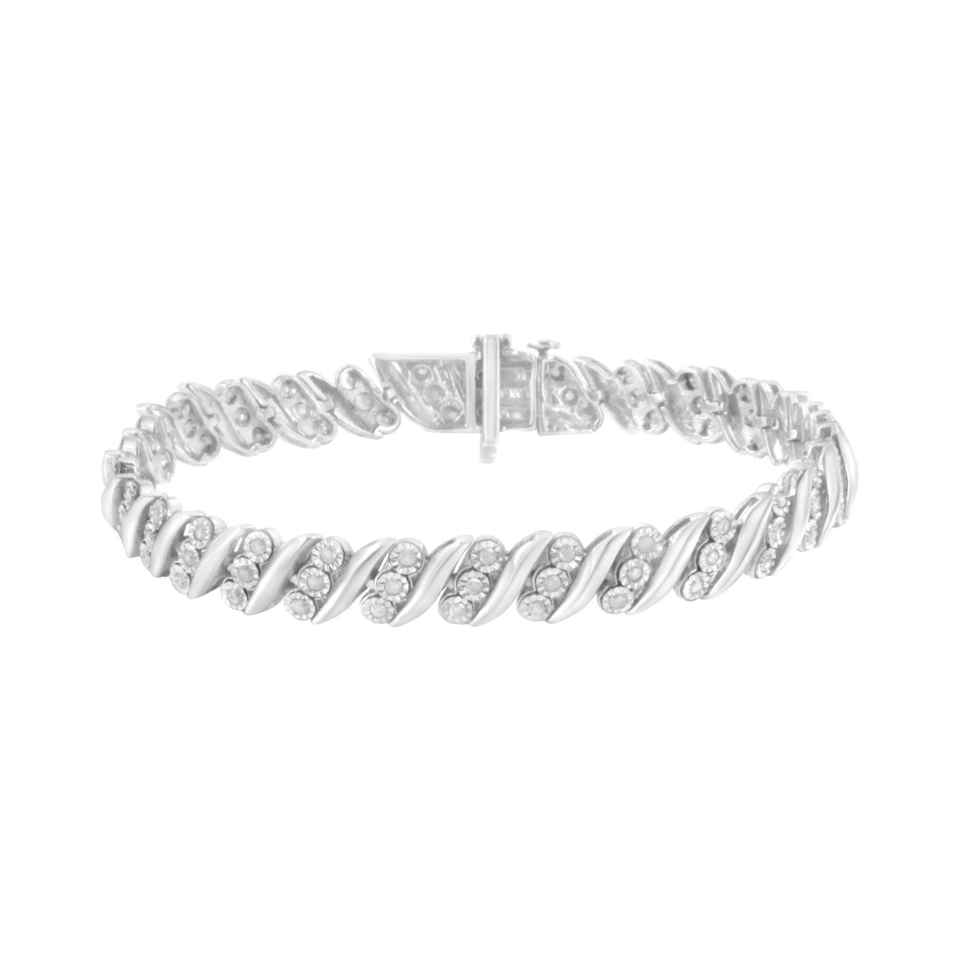 White metal bracelet with alternating curved links and clusters of round white gemstones, shown from a front angle.