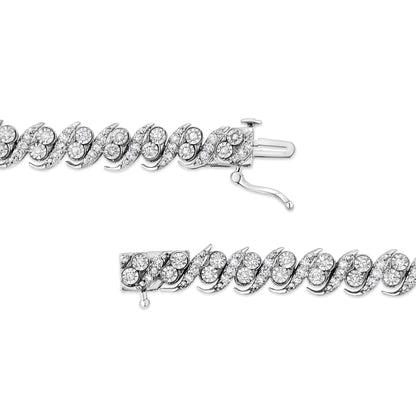 Close-up image of a white metal bracelet with two rows separated, showing round white gemstones in prong settings, displayed from a top angle.