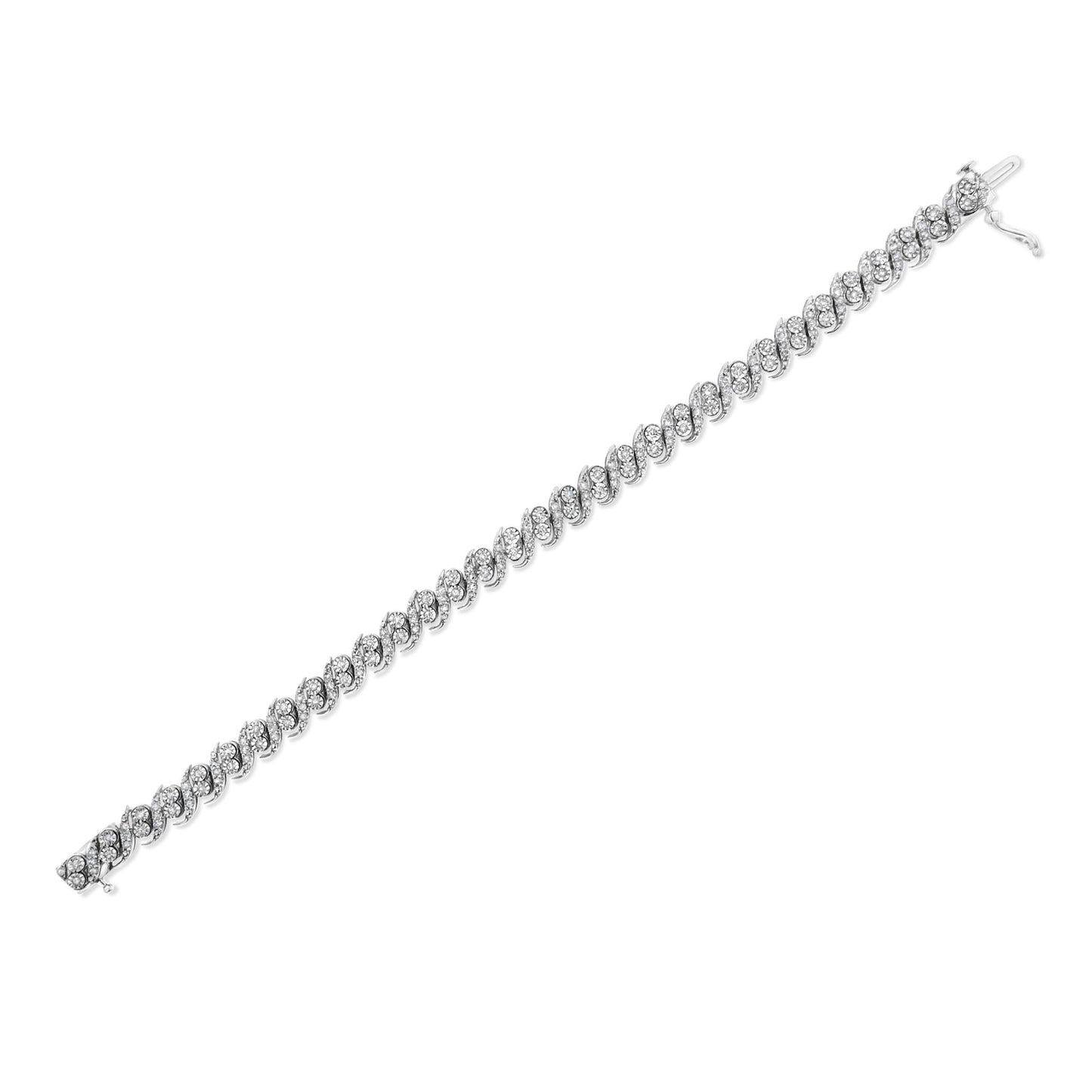 White metal bracelet with interlocking oval links, each set with multiple round white gemstones in prong settings, shown at a diagonal angle on a white background.