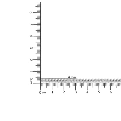 White metal bracelet with alternating circular links set with small round white gemstones, shown in a top-down view on a ruler for size reference.