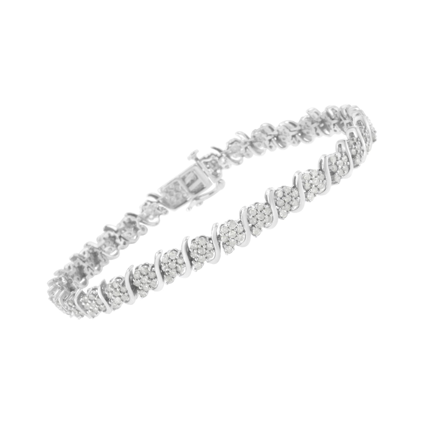 White metal bracelet with round white gemstones in prong settings, shown at a slight angled top view.