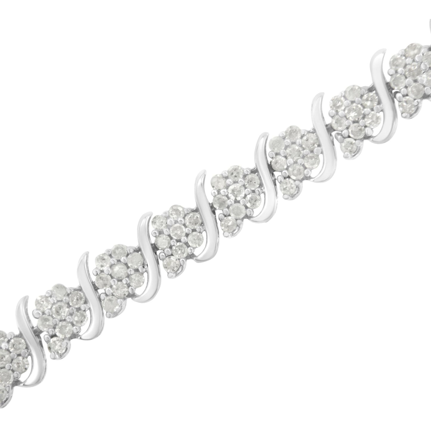Close-up angled shot of a white metal bracelet featuring clusters of round white gemstones in prong settings alternating with smooth curved metal links.