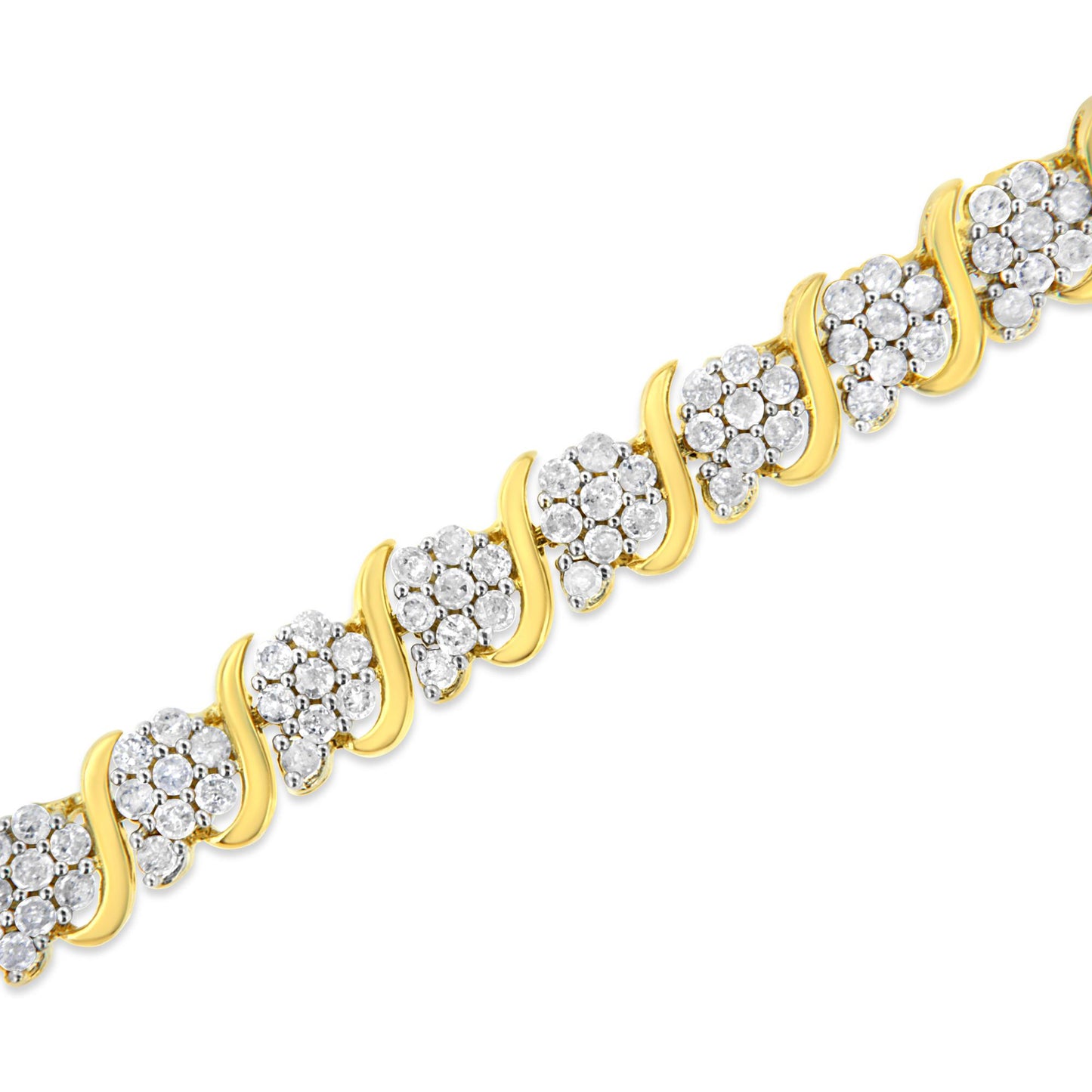 Diagonal close-up shot of a yellow bracelet featuring clusters of round white gemstones set in prong settings, separated by curved yellow metal links.