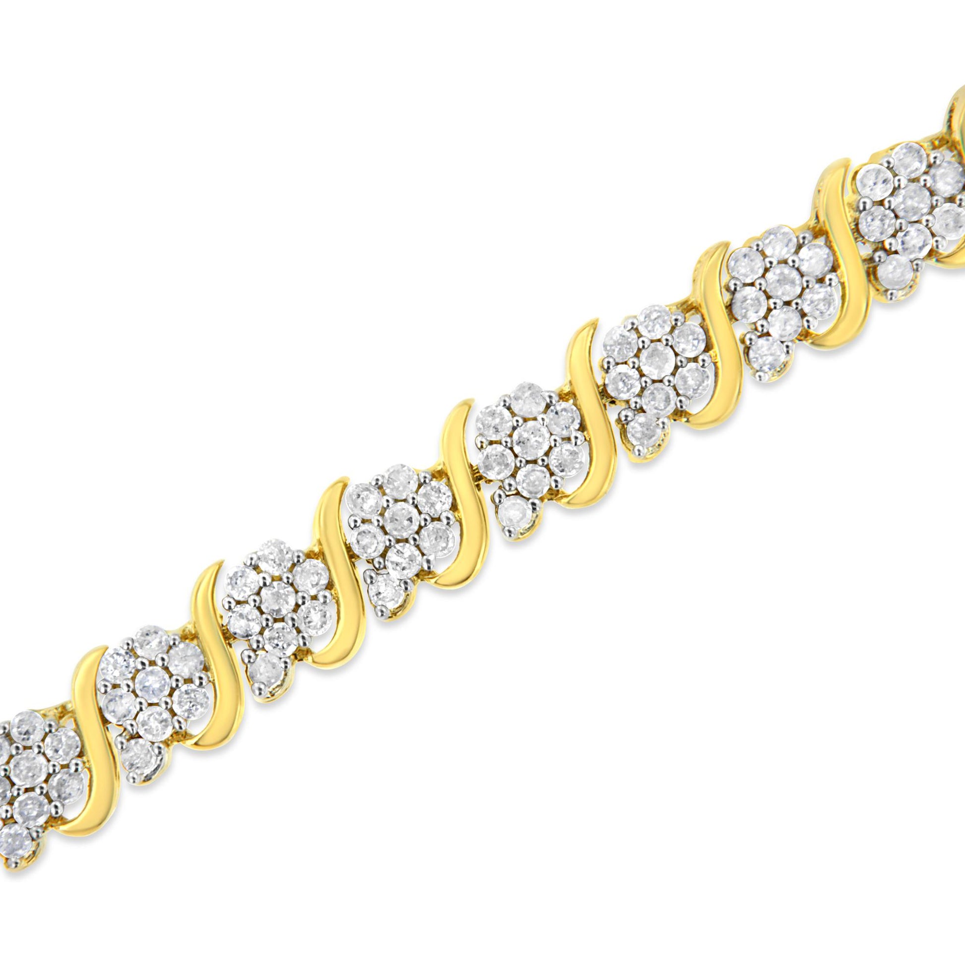 Diagonal close-up shot of a yellow bracelet featuring clusters of round white gemstones set in prong settings, separated by curved yellow metal links.