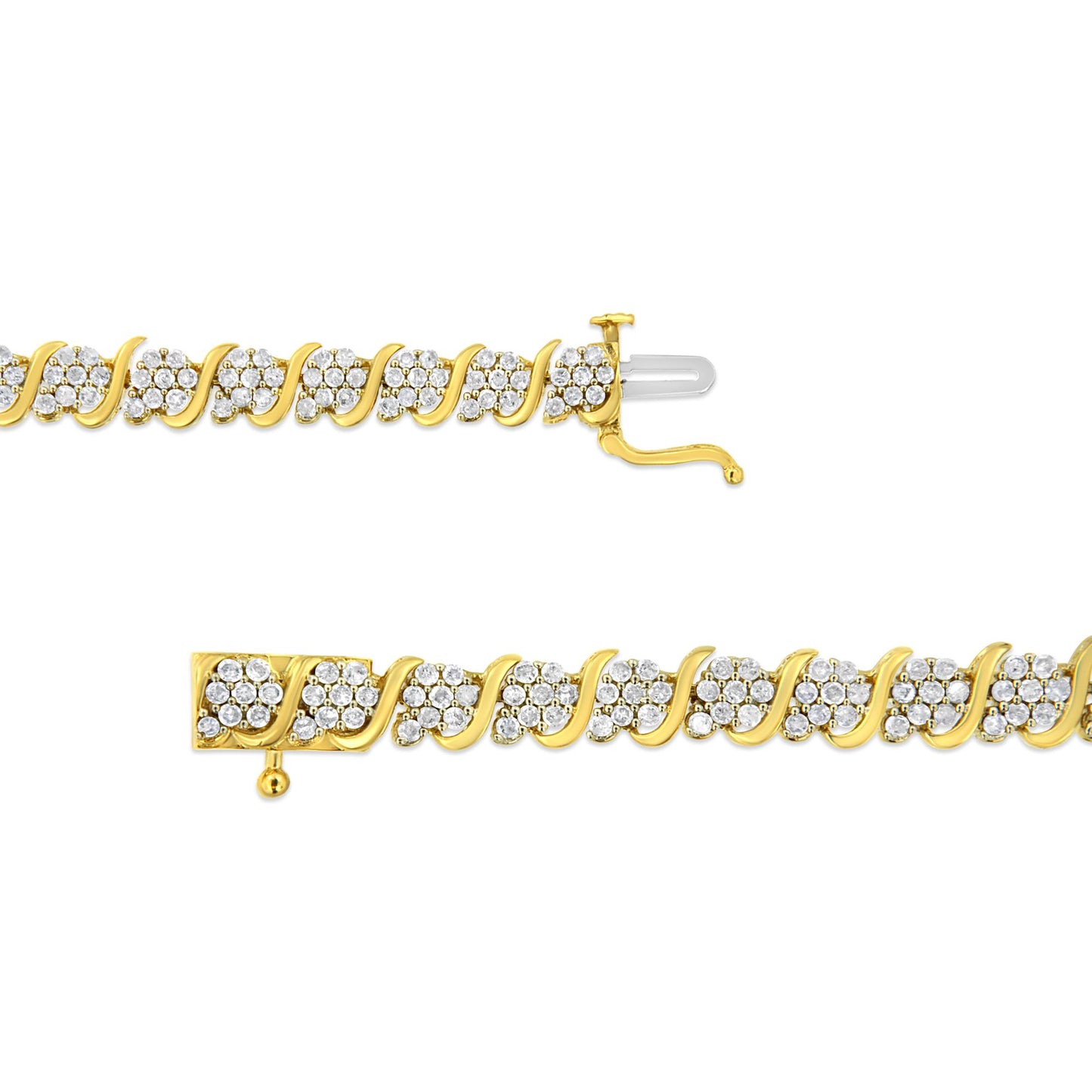 Top view of a yellow metal bracelet with clusters of white round gemstones in prong settings along its length, shown open with clasp details visible on a white background.