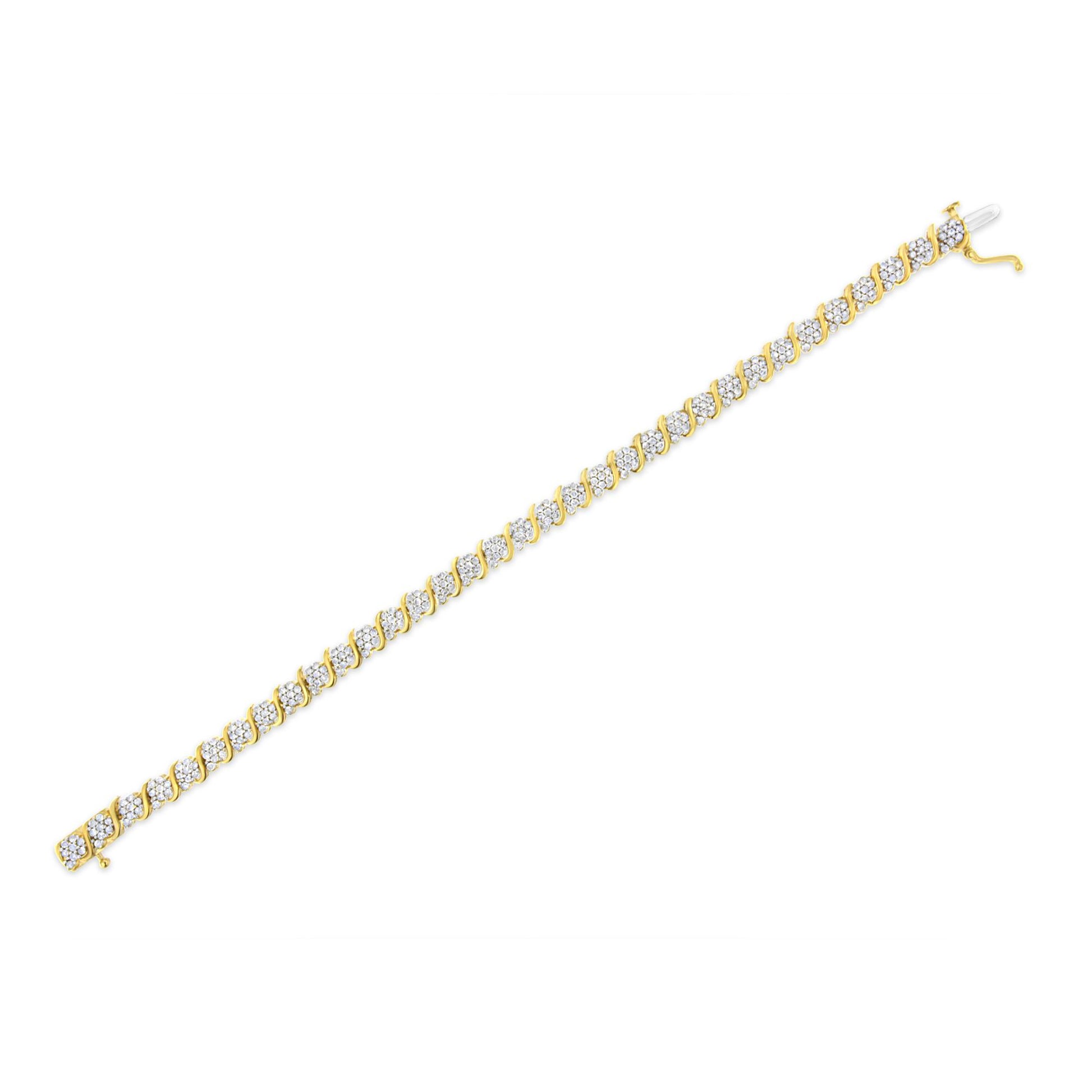 Bracelet shown flat on a white background, featuring yellow metal with round white gemstones set in prongs evenly spaced along its length.