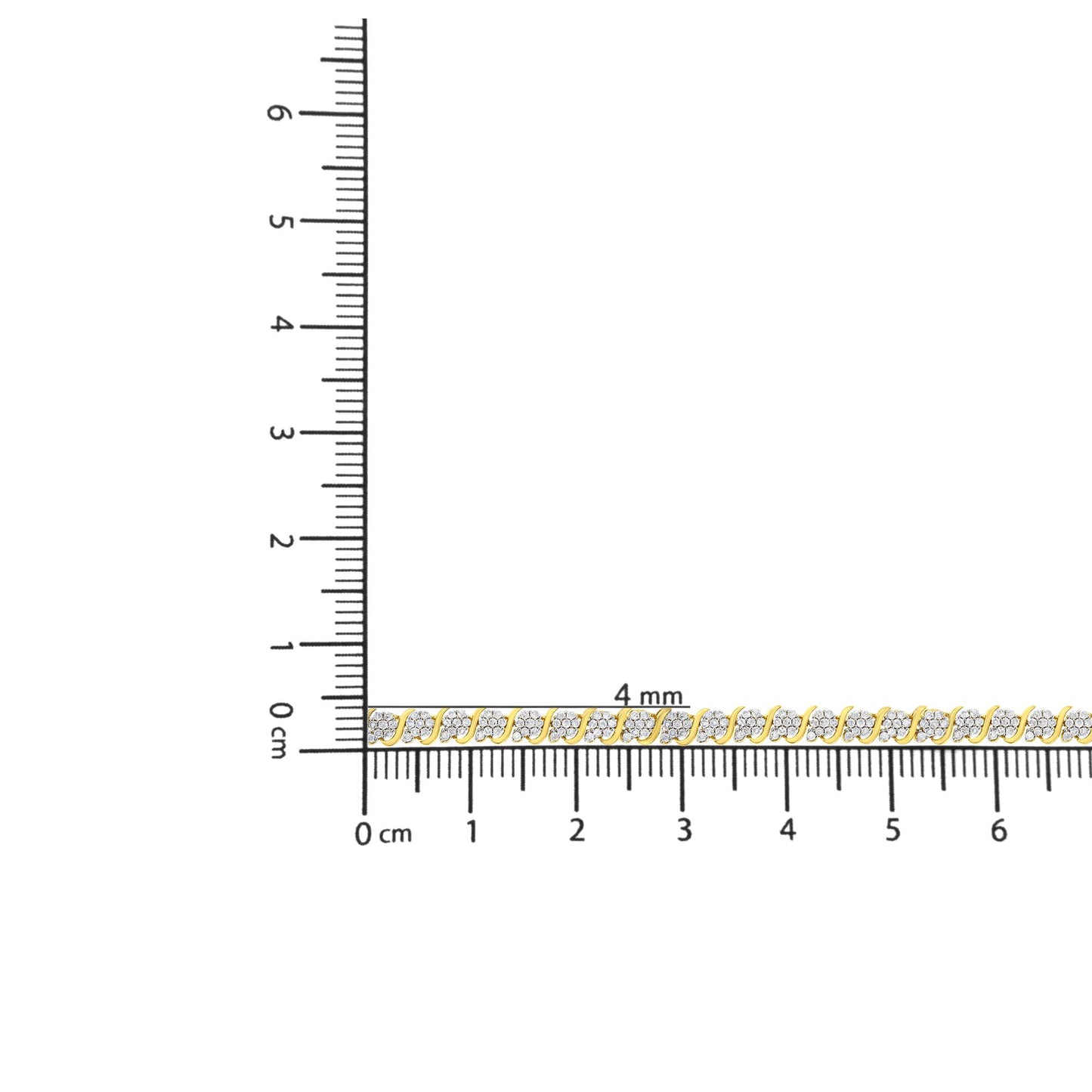 Close-up of a yellow bracelet with round white gemstones in prong settings, positioned on a ruler for size reference, shot from above.