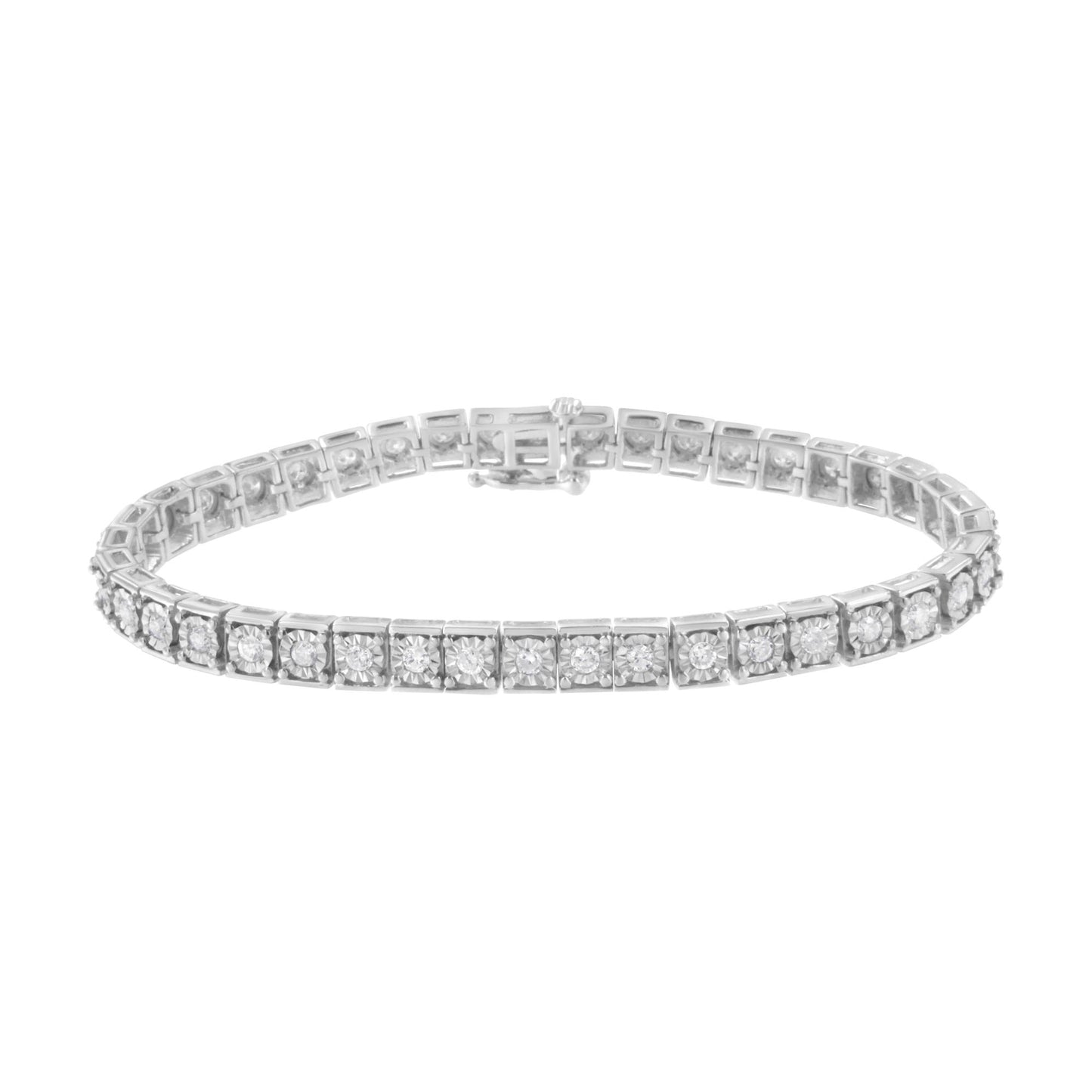 White metal tennis bracelet with round white gemstones in a miracle setting, shown from a front angle.