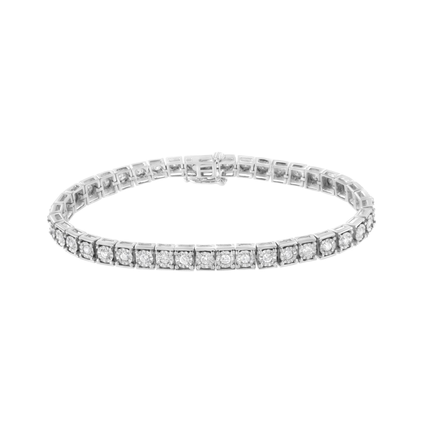 White metal bracelet with round white gemstones set in square settings, shown from a front angle.