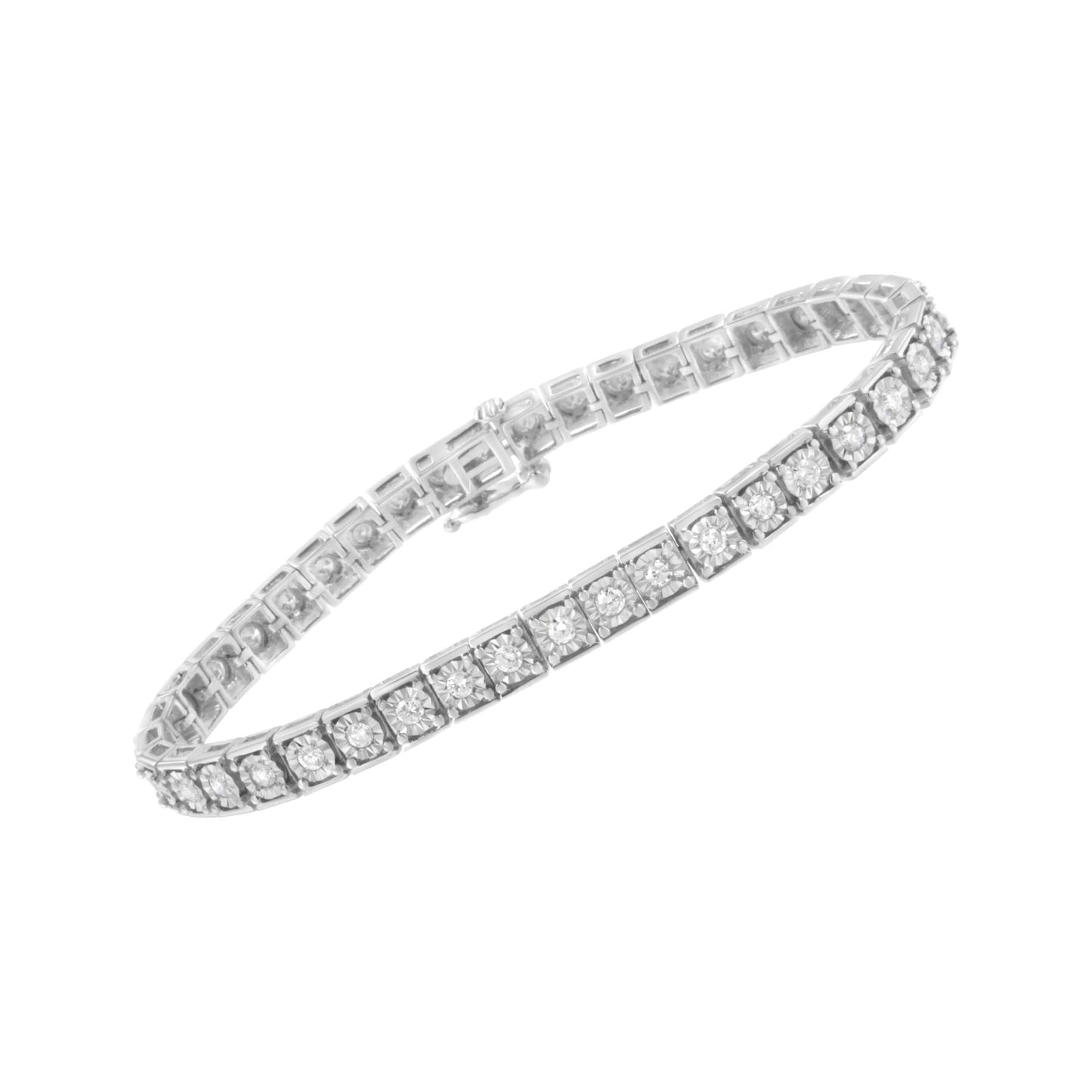 White metal bracelet with round white gemstones in miracle settings, shown at an angled side view.