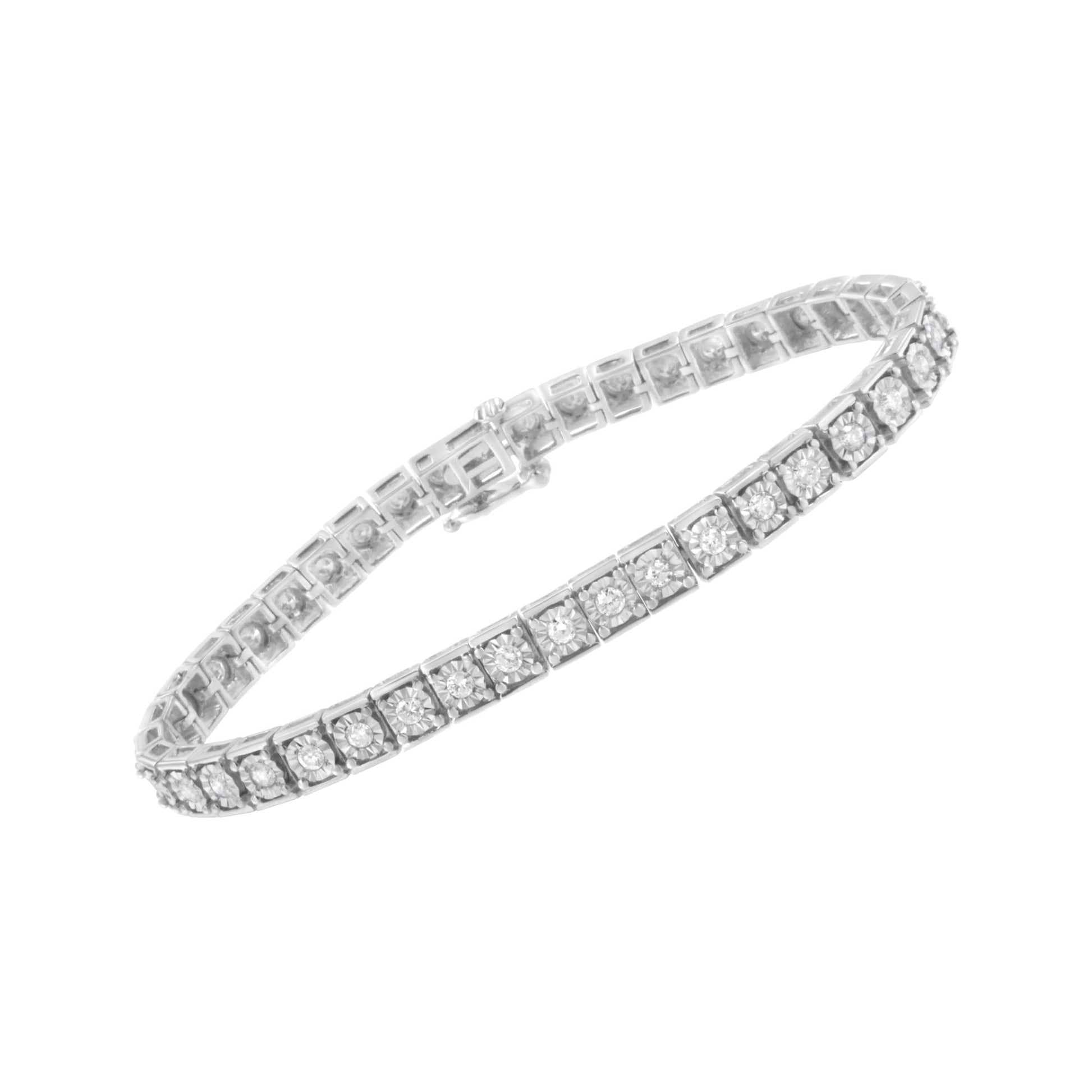 White metal bracelet with round white gemstones in miracle settings, shown at an angled side view.