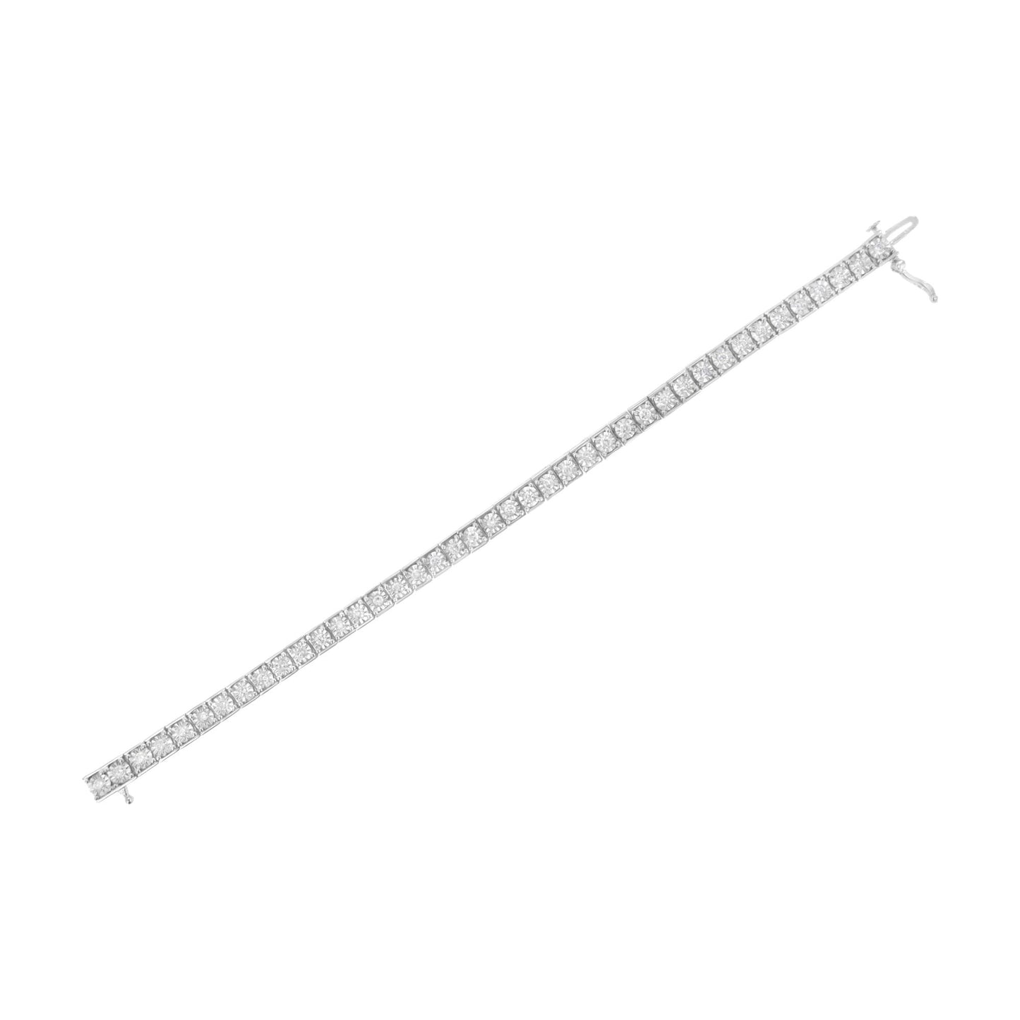 White metal bracelet with round white gemstones in miracle settings, shown on a white background from a top-down angle.