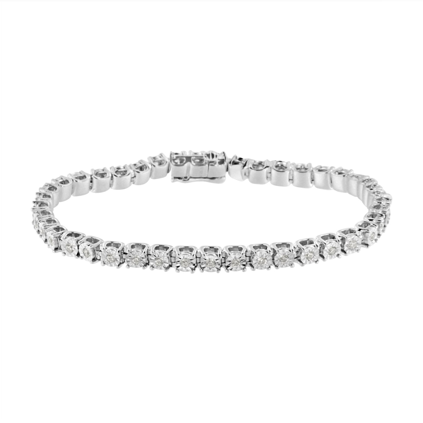 White metal bracelet with round white gemstones in miracle settings, photographed from a front angle.
