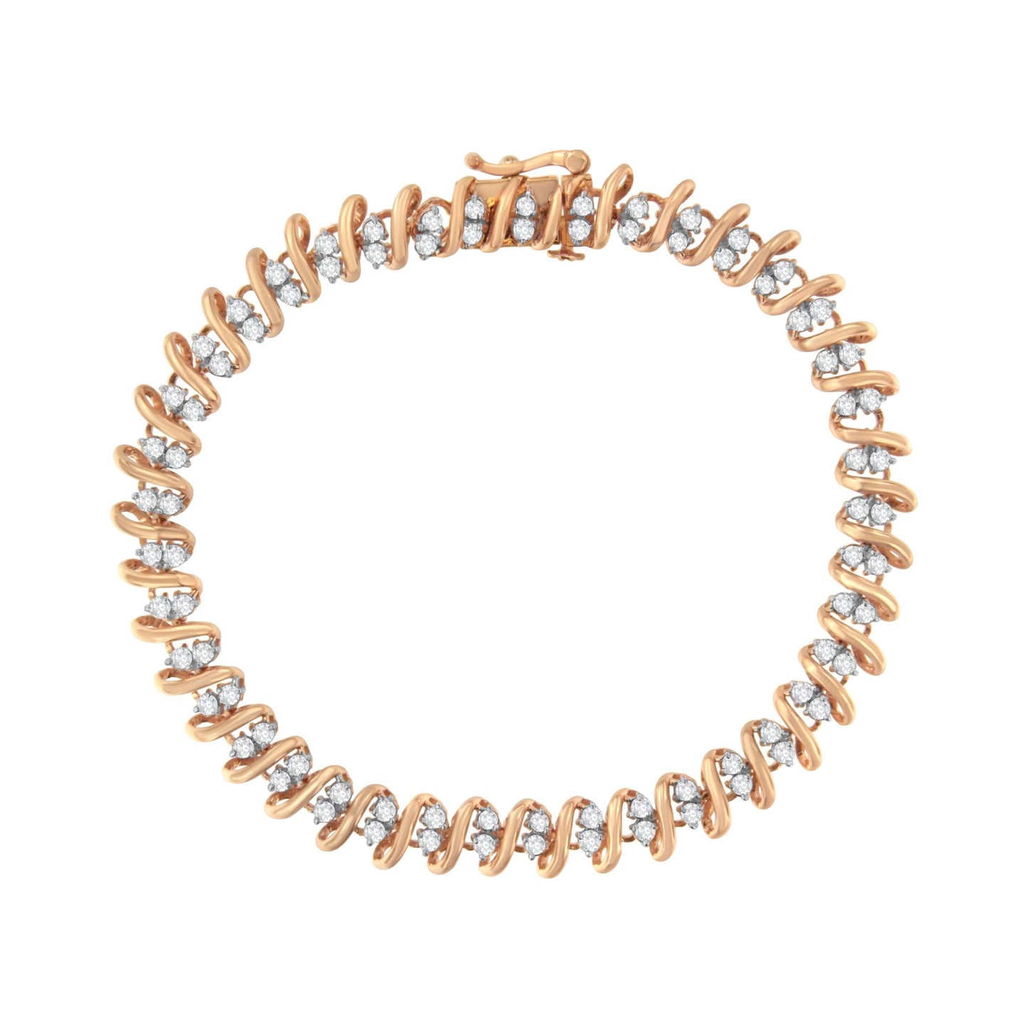 Top-down view of a rose-colored metal bracelet with round white gemstones set in prong settings throughout its wavy design.
