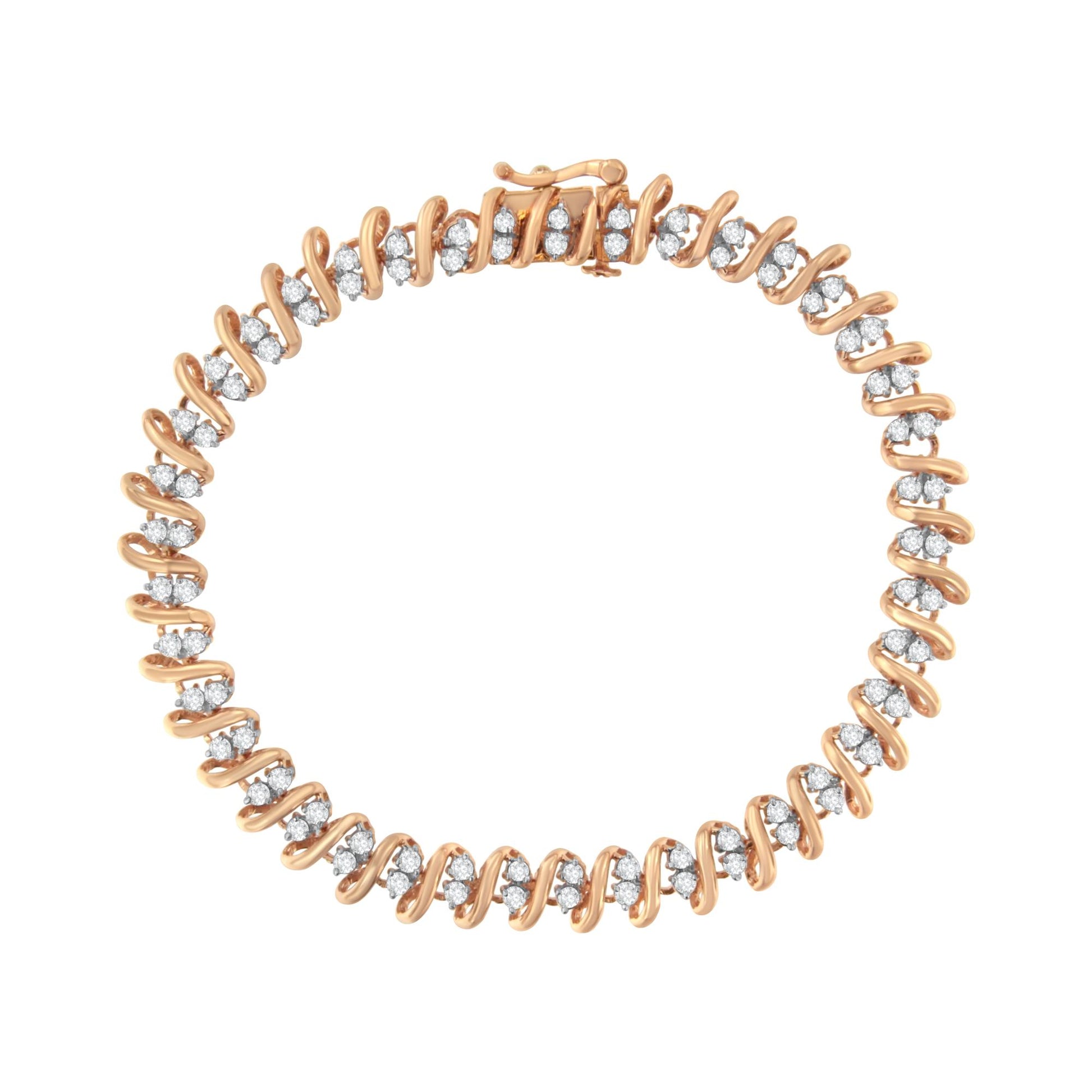 Top-down view of a rose-colored metal bracelet with round white gemstones set in prong settings throughout its wavy design.