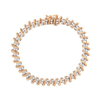 Top-down view of a rose-colored metal bracelet with round white gemstones set in prong settings throughout its wavy design.