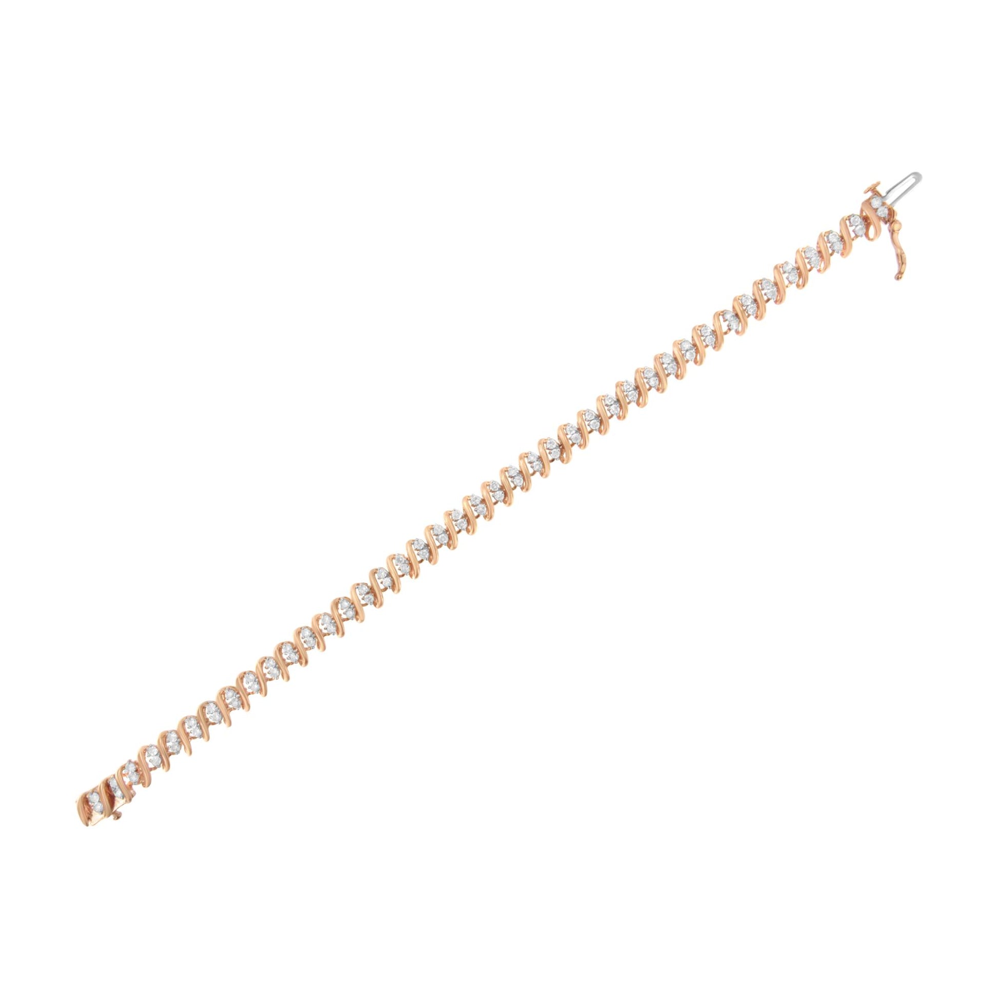Rose-colored bracelet with round white gemstones in prong settings, shown flat at a slight diagonal angle.