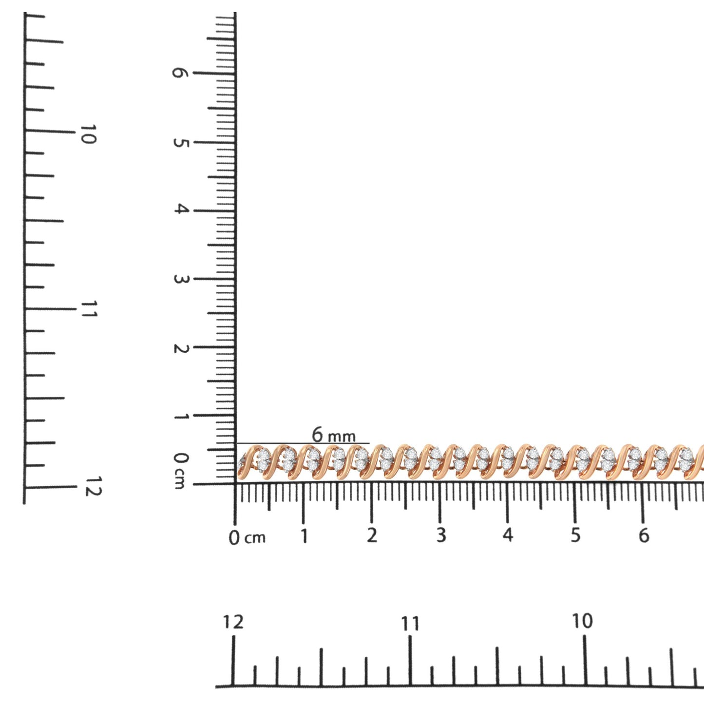 Rose-colored bracelet with round white gemstones in prong settings, displayed flat on a ruler and scale for size reference, shot from above.