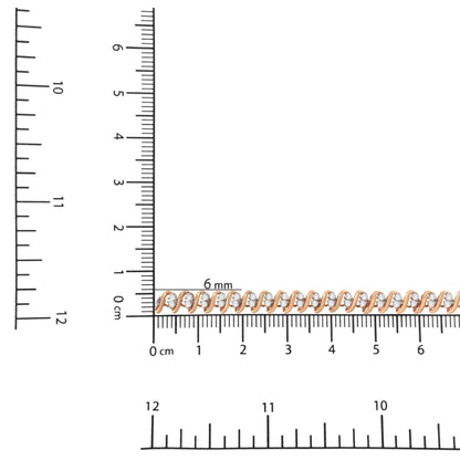 Rose-colored bracelet with round white gemstones in prong settings, displayed flat on a ruler and scale for size reference, shot from above.